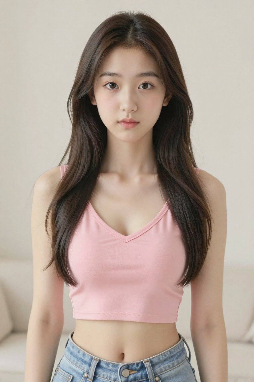 <lora:20260225_TinZITLBSWSliderLora_1_000000030:2>, A young Asian woman, likely in her early twenties, is centered in the frame, facing the viewer directly. She has long, dark brown hair styled with a slight wave. The woman has a fair complexion, with delicate facial features, including soft brown eyes and a neutral expression. She is wearing a pink V-neck crop top that reveals her midriff and light-wash blue jeans. Her build appears slender and toned. The background is a soft, blurred off-white suggesting a neutral interior space. The lighting is soft and diffused, highlighting the woman's features. The overall atmosphere is clean and contemporary. The image uses a mid-shot composition, placing the emphasis on the woman's upper body and outfit. The style suggests a digitally generated or stylized portrait. 
