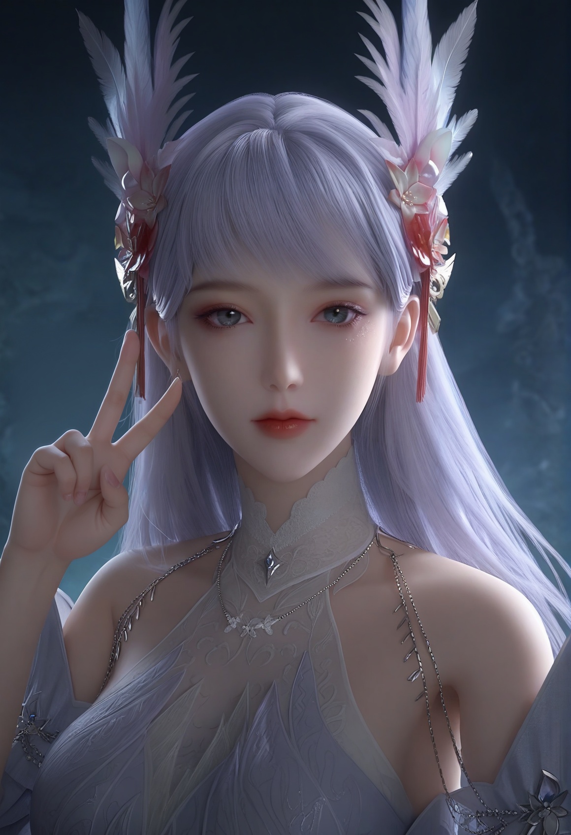 (score_9),<lora:林玥-apony:0.82>,lingziyue,long hair,feather hair ornament,hair ornament,hair flower,bangs,detached collar,jewelry,dress,detached sleeves,bare shoulders,green eyes,light blush,(looking at viewer),(front view),(upper body),1girl,solo,<lora:Expressive_H-000001:0.8>,collarbone,(glamor:1.2),(mature_female),(double_v:1.3),(white_skin),(fair_skin:1.1),<lora:e肤色滑块:0.35>,ultra-detailed skin texture,detailed textures,BREAKsimple background,(black background),ultra-detailed skin texture,detailed textures,4K ultra HD,sharp focus,high detail,natural lighting,high contrast,