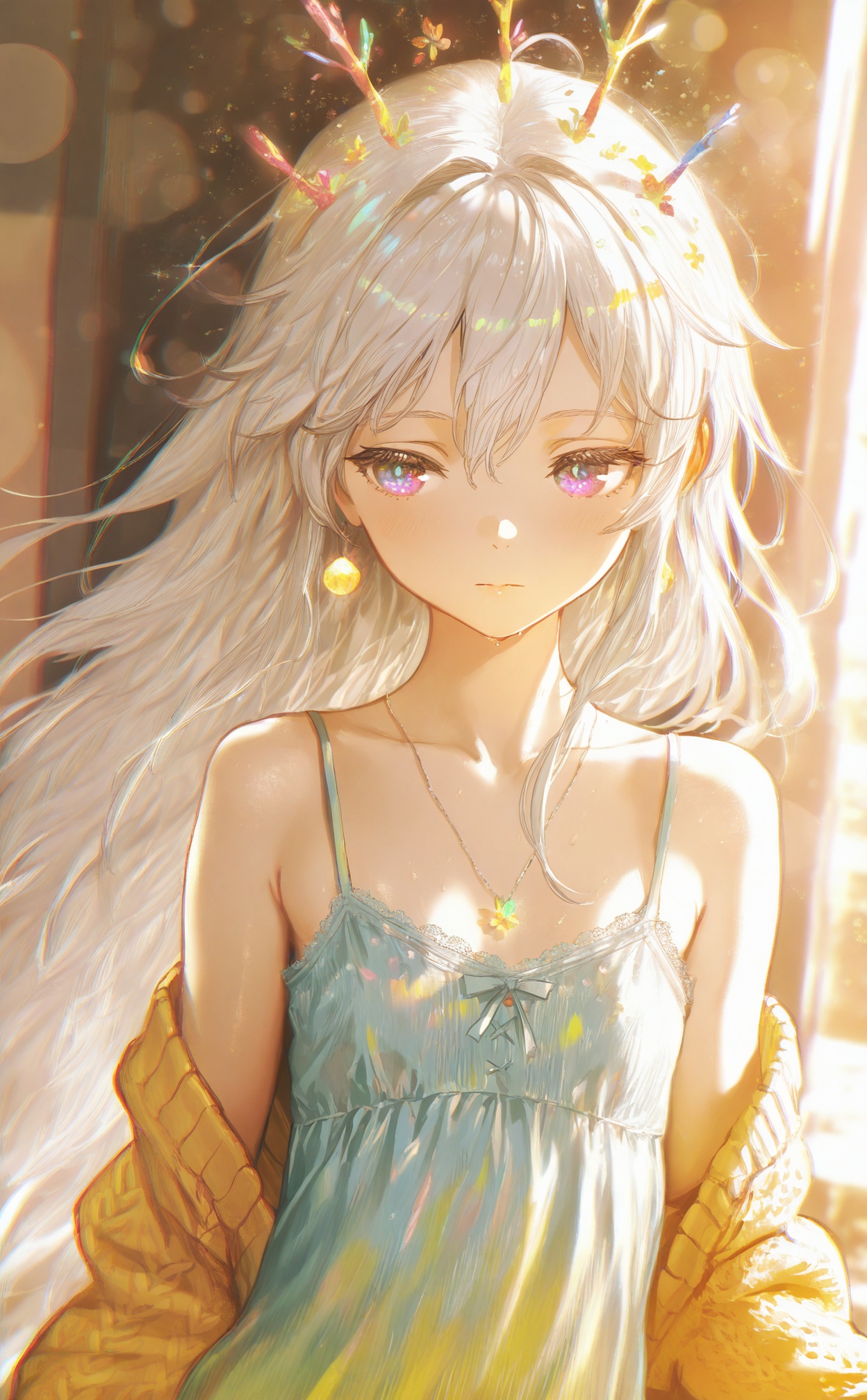 masterpiece,absurdres,best quality,loli,petite,high quality,chromatic_aberration,//,1girl,white_hair,solo,upper_body,waist_up,portrait,casual_clothes,light_knit_cardigan,thin_fabric,inner_camisole,delicate_jewelry,soft_focus,expressionless,very_long_hair,natural_hair,airy_clothing,backlighting,bokeh,depth_of_field,glowing,blurry_background,refreshing,ethereal,summer_theme,//,Depth of field,(colorful),hdr,Tyndall effect,depth of field,Tyndall Effect,blurry,blurry_background,depth_of_field,bokeh,glowing,//,<lora:ssxd2——【noob】hans:1>,