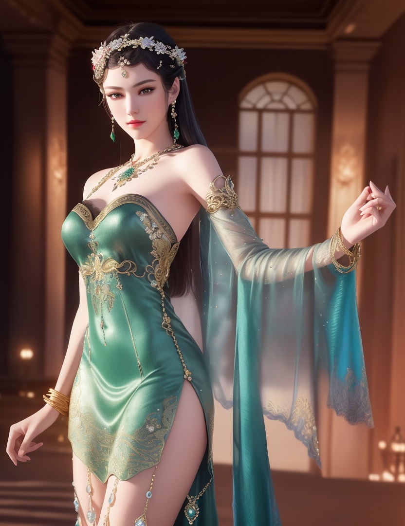 ultra realistic 8k cg, picture-perfect face, flawless, clean, masterpiece, professional artwork, famous artwork, cinematic lighting, cinematic bloom, perfect face, beautiful face, fantasy, dreamlike, unreal, science fiction,  beautiful clothes, lace, lace trim, lace-trimmed legwear,  (rich:1.4), prestige, luxury, jewelry, diamond, gold, pearl, gem, sapphire, ruby, emerald, intricate detail, delicate pattern, charming, alluring, seductive, erotic, enchanting, hair ornament, necklace, earrings, bracelet, armlet,halo((,1girl, pov,))(((,  1girl,  solo,looking at viewer, ))),(((1girl, solo, dress, jewelry)))<lora:DA_WhiteSnakeGreenSnake:0.7>