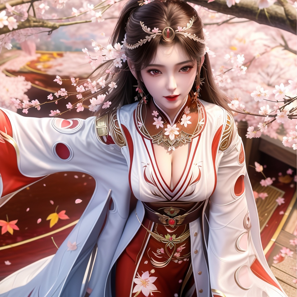 <lora:770-DA-完美世界-火灵儿-婚服:0.8>, (,1girl, ,best quality, ),looking at viewer,  ,ultra detailed 8k cg,ultra detailed background,ultra realistic 8k cg, ,masterpiece, (( , )),, ,science fiction,mole, ultra realistic 8k cg, ,    ,(,cherry blossoms, autumn leaves,perfect cherry blossom,   ), (cleavage),,
