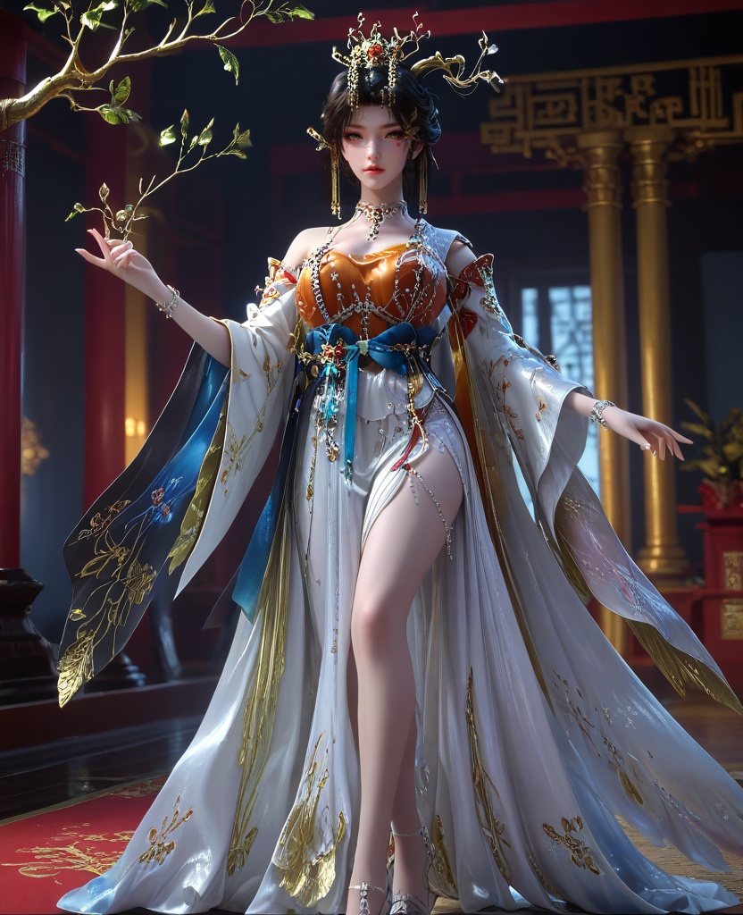 (oriental architecture, elegant decor, sophisticated style:1.1),(Split-legged stance,:1.1),cut-in,(large breasts:1.2),<lora:XL16云深不知梦羲和淬火令:0.95>,miss xihe,orange gown with white tulle skirt,yellow eyes,black hair,looped bun with tresses,hair ornament,jewelry,, score_9,score_8_up,score_7_up,score_6_up,score_5_up,score_4_up,3d rendering,tag1,tag2, Cinematic Lighting,backlighting,