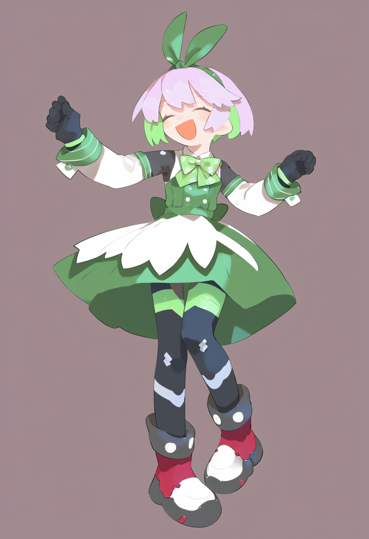 (score_9,score_8_up,score_7_up),source_anime,lvzi, short_hair, 1girl, gloves, simple_background, solo, colored_skin, black_gloves, white_background, full_body, standing, smile, boots, multicolored_hair, open_mouth, shoes, green_hair, shirt, two-tone_hair, long_sleeves, :d, hand_up, hairband, ribbon, pink_hair, outstretched_arm, grey_skin, hair_ribbon, happy, standing_on_one_leg, arm_up, bow, dress, green_hairband, green_skirt, leg_up, sidelocks, transparent_background, clenched_hands, green_bow, green_footwear, bowtie, green_dress, green_ribbon, green_bowtie, clenched_hand, closed_eyes, sleeveless, arms_up, wrist_cuffs, personification, sleeveless_dress, detached_sleeves, ^_^, facing_viewer, yellow_footwear,, <lora:lvziXL-000005:1>