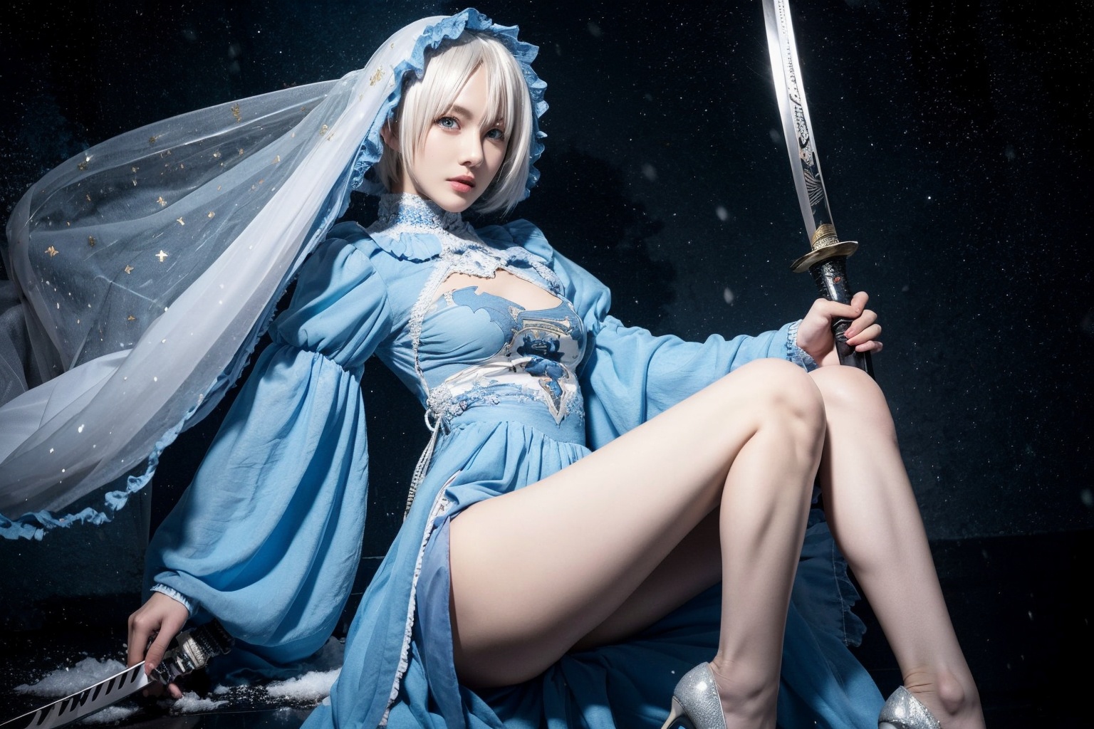 Cosplay,1girl,thighhighs,sword,solo,weapon,high heels,breasts,blue eyes,holding,white hair,holding weapon,dress,katana,holding sword,frills,wide sleeves,looking at viewer,medium breasts,short hair,veil,long sleeves,lips,<lora:Cosplay_V1.0:1>,starry_background,Tyndall effect,in winter,snow,