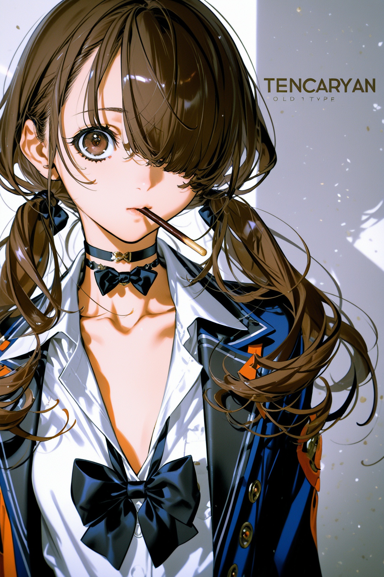 (choco (chocolate shop):0.5),(yoneyama mai:0.5),tencarcyan_old_type1,1girl,solo,long hair,shirt,brown hair,long sleeves,bow,jewelry,twintails,brown eyes,jacket,collarbone,white shirt,upper body,food,collared shirt,choker,bowtie,hair over one eye,black choker,low twintails,mouth hold,pocky,food in mouth,loose bowtie,closed mouth,masterpiece,best quality,good quality,low brightness,
