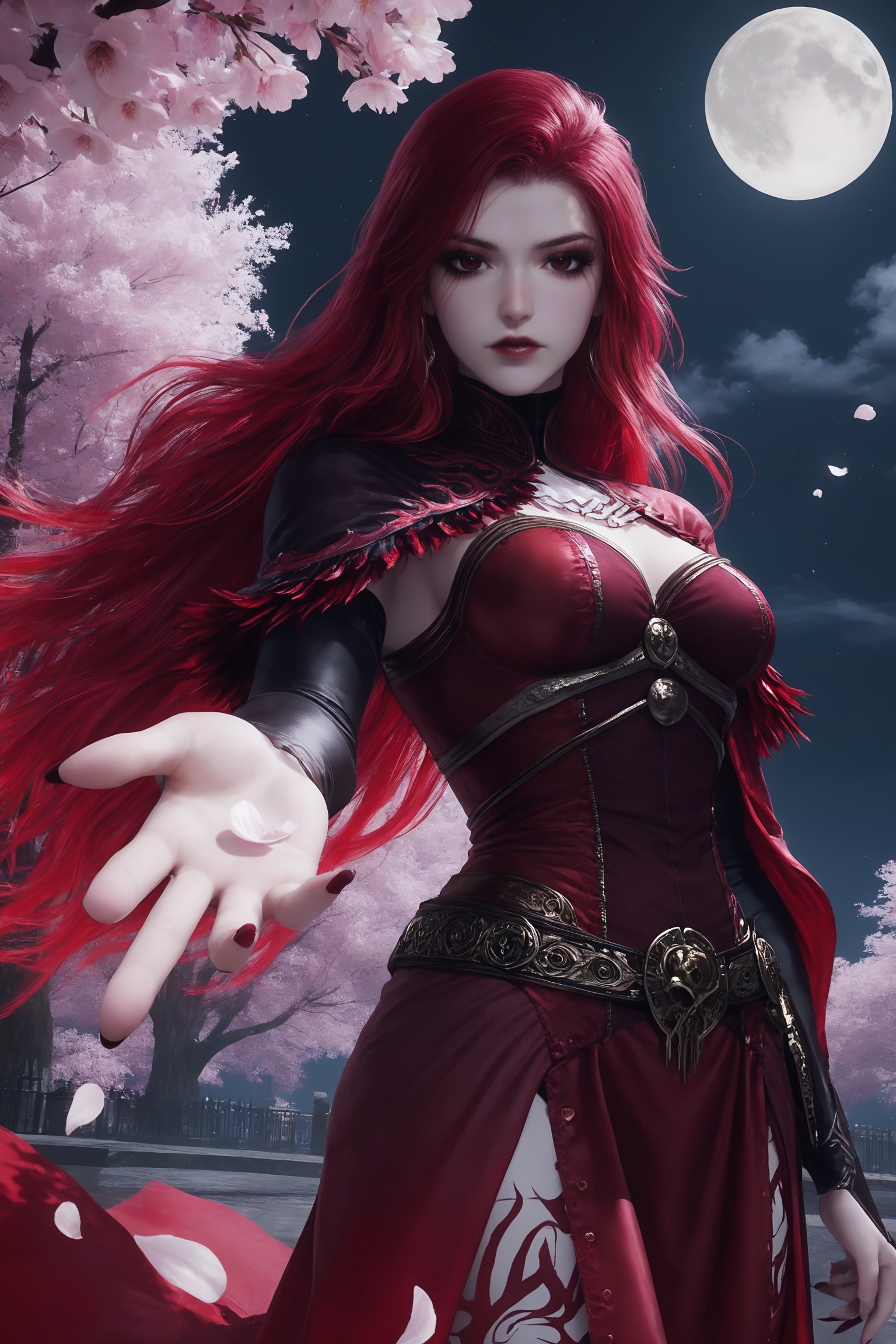masterpiece,best quality,solo,1girl,upper body,petals,looking at viewer,moon,branch,cherry blossoms,flower,extreme aesthetic,(quasarcake:0.7),masterpiece,best quality,good quality,newest,very aesthetic,absurdres,A shot with tension,(Visual impact,giving the poster a dynamic and visually striking appearance:1.2),impactful picture,offcial art,colorful,splash of color,movie perspective, <lora:斗罗2-马小桃ILL:0.7> 1girl,striking, long, wavy red hair, dark eyes,dark maroon, form-fitting gold accents dress,high-necked,cinched waist,long sleeves,full skirt,