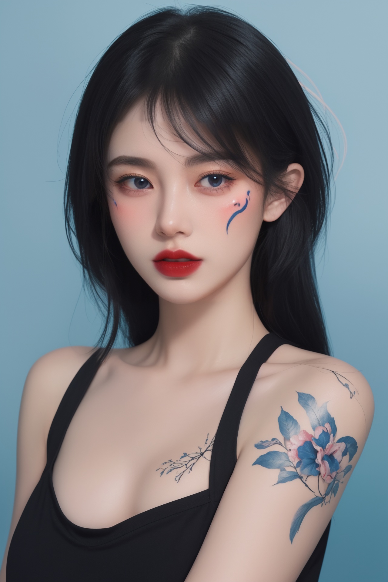 1girl, arm tattoo, bangs, bare shoulders, blue background, blue eyes, blue hair, body writing, breasts, facepaint, facial mark, facial tattoo, gradient, gradient background, hair ornament, heart tattoo, lips, lipstick, long hair, makeup, medium breasts, number tattoo, parted lips, red lips, shoulder tattoo, sleeveless, solo, tattoo, upper body <lora:绘画美女1.0:0.8>