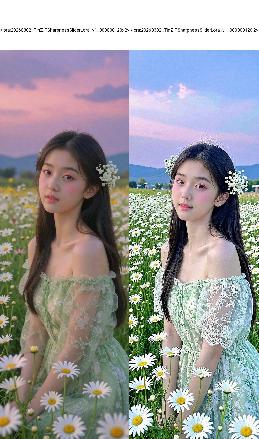 <lora:20260302_TinZITSharpnessSliderLora_v1_000000120:-2>, This is a high-resolution photograph capturing a young Asian woman in a serene, sunlit field of blooming daisies. The woman, likely in her early twenties, has long, straight black hair adorned with delicate, white baby's breath flowers. Her skin is smooth and fair, with a natural, radiant complexion. She is dressed in a light, off-shoulder, green dress with sheer, lace-like sleeves and a subtle floral pattern, which complements the surrounding flowers. Her makeup is minimal but accentuates her eyes with a soft, pink blush and subtle eyeliner, giving her a fresh, natural look. The background features a vast expanse of daisies in various stages of bloom, with some flowers fully open and others still in bud, creating a lush, vibrant field. The sky is a beautiful gradient of soft pinks and purples, transitioning into a deeper blue as it reaches the horizon, suggesting either dawn or dusk. In the distance, rolling hills or mountains are faintly visible, adding depth to the scene. The overall mood is peaceful and ethereal, with the woman appearing almost like a serene spirit among the flowers.