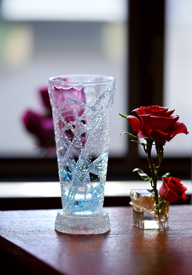 blurry, cnliuli, crystal,sparks,flower, artist name, blurry, english text, cup, petals, no humans, rose, red flower, drinking glass, red rose, drink, glass, still life, ice cube, <lora:SD1.5_CNliuli.64:0.6>