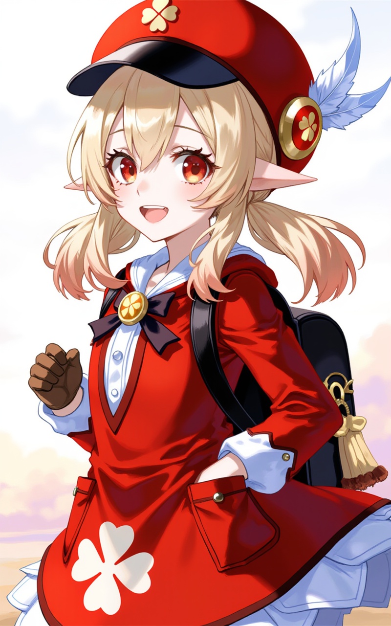 <lora:2D可莉6:1>,keli,(child:1.2),1girl,klee \(genshin impact\),solo,hat,pointy ears,backpack,red headwear,looking at viewer,gloves,red eyes,smile,hat feather,twintails,bag,open mouth,long sleeves,brown gloves,blonde hair,hair between eyes,cabbie hat,sky,low twintails,red dress,dress,long hair,pocket,outdoors,ahoge,dodoco \(genshin impact\),charm \(object\),:d,coat,red coat,sidelocks,bloomers,hat ornament,clover print,cloud,feathers,5,cover,simple,background,gradient_background,Close-up details,outstanding style,adding a touch of dimension to your images without compromising details,close-up,<lora:滤镜_动漫版9:0.4>,lvjing,