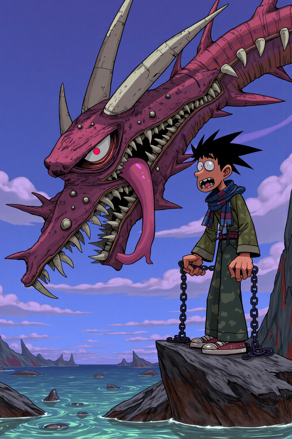 beijihui,A cartoon drawing of a dragon with its mouth wide open. The dragon has sharp white teeth and a red eye. Its mouth is open wide. Its tongue is sticking out of it's mouth. Its eyes are a bright red. Its head is covered in black feathers. The man is standing on a rock that is chained to the rock. He is wearing a green shirt and a blue scarf around his neck.