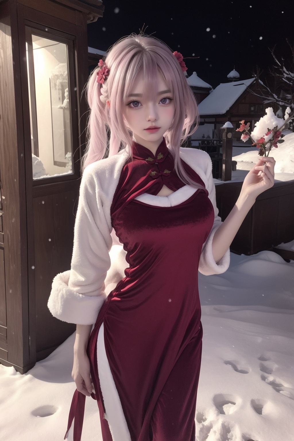 Astolfo,pink haur,purple eyes,femboy,Santa suit,background,snow,city,<lora:qipao:0.7>,qipao,Velvet,flower,