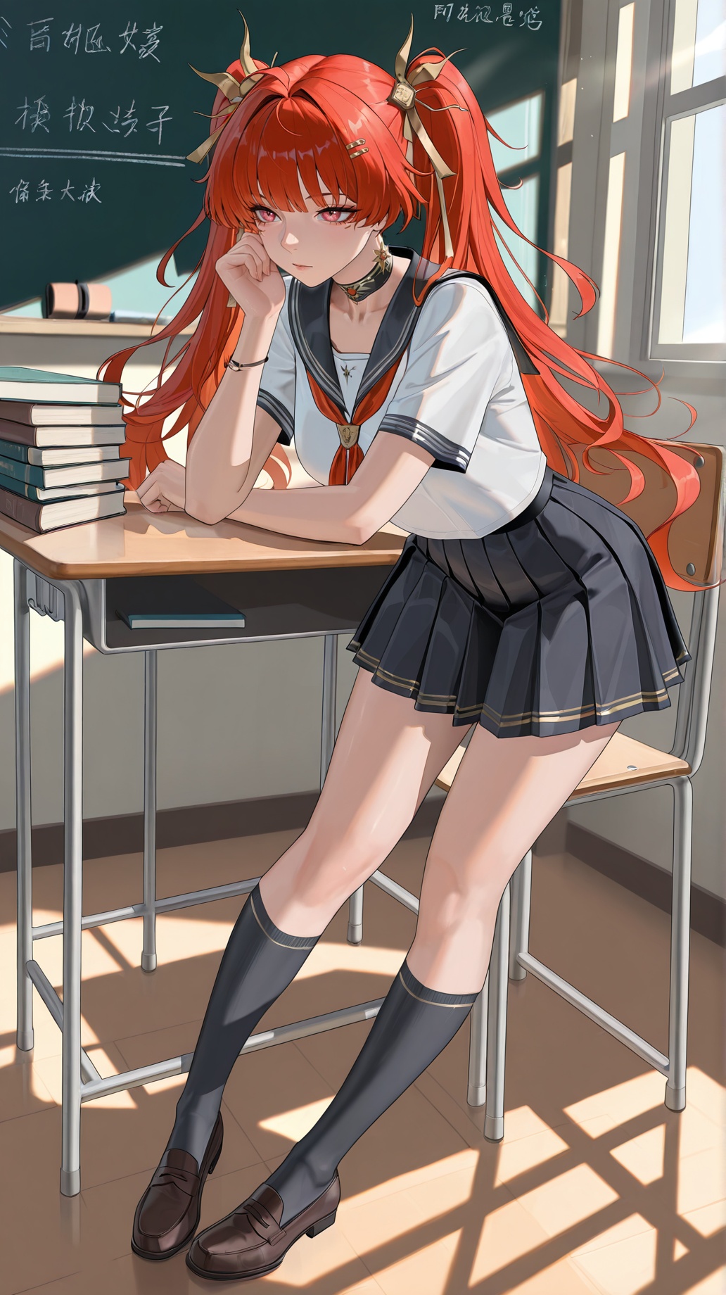 masterpiece,best quality,amazing quality,<lora:augusta-000025:0.8>,1girl,red eyes,red hair,augusta \(wuthering waves\),<lora:20250808-1754650692631:0.8>,zhigan3d,school_uniform,sailor_collar,pleated_skirt,ribbon_tie,kneehigh_socks,loafers,blunt_bangs,twin_tails,classroom_background,chalkboard,desk_stack,sunlight_window,