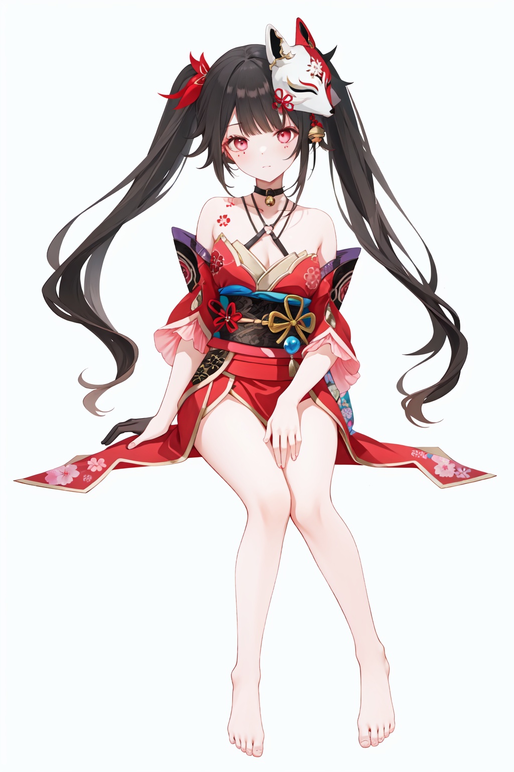 <lora:nai3画风bysdlion-000035:0.25:lbw=all>  <lora:花火v2:0.9:lbw=char> 1girl, huahuo, twintails, bare shoulders, fox mask, mask on head, red dress, detached sleeves, black gloves, jingle bell, choker, obi, kimono, tattoo, barefoot, (masterpiece,best quality,high quality:1.2),absurdres,