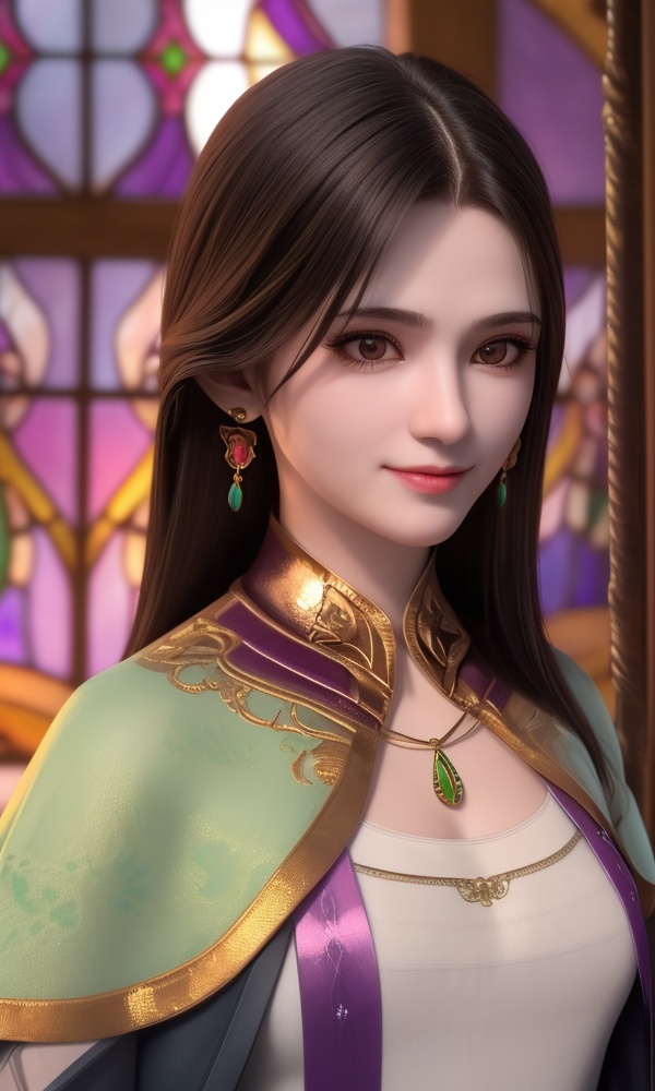 (,1girl, ,best quality, ),looking at viewer, <lora:379-DA-紫川-林秀佳:0.8> ,,ultra detailed background,ultra detailed background,ultra realistic 8k cg,,, (close-up portrait),(upper body:1.22),(realistic:1.11),(Photo-referencing),HDR,Studio Lighting,Soft Lighting, ,, a slender petite little girl,Delicate muscle lines,(Skinny body),(solo:1.5),( looking at viewer:1.22),The white shiny skin, (smirk:1.2),(dynamic pose),(arms behind back),arms at sides, (very long payot),(Absurdly long Brown straight hair:1.22),parted bangs, (floating hair), (jewelry:1.17), necklace, earrings,(colorful:1.27),(stained glass background),(),(()),,