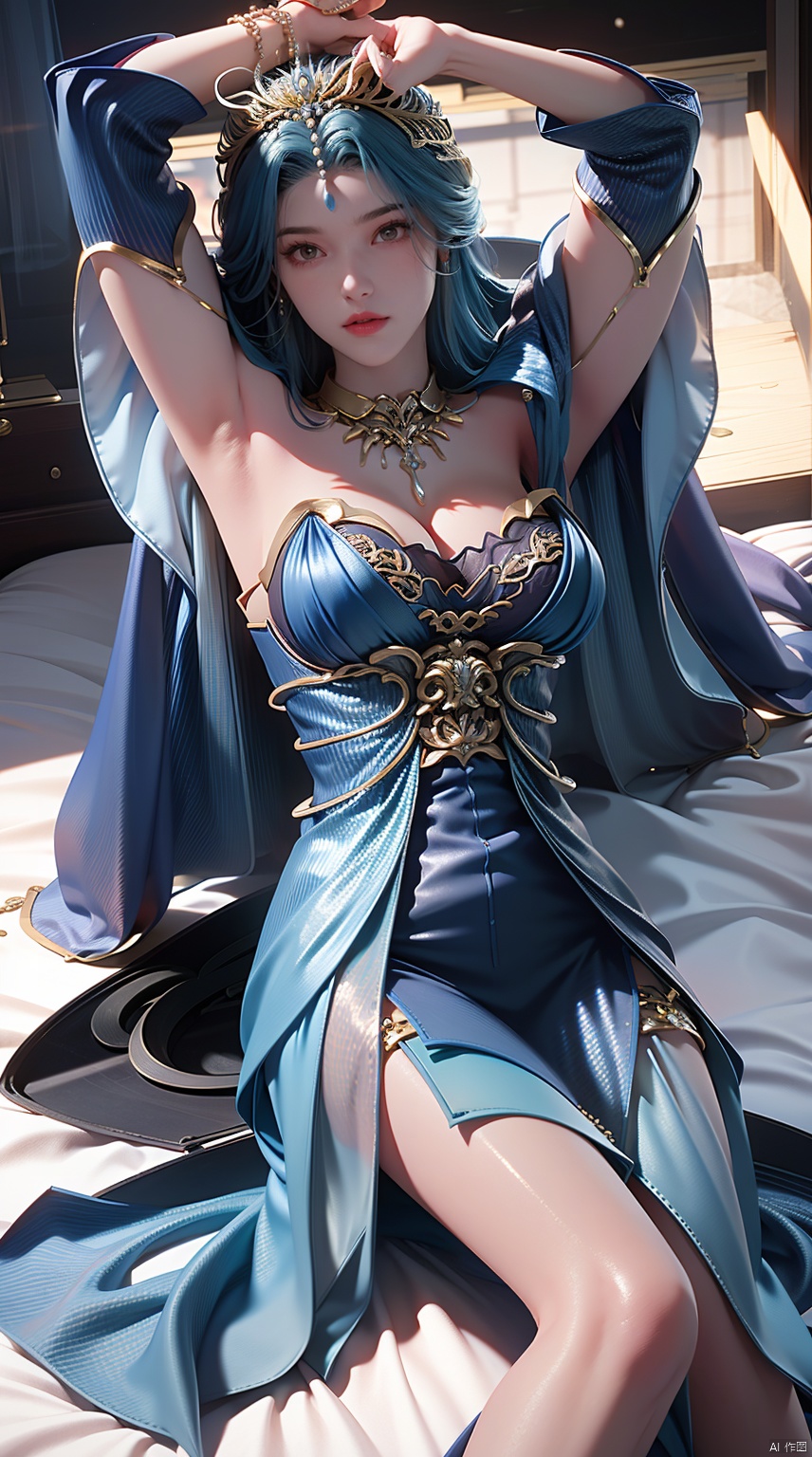 bestquality,ultradetailed,beautifuldetailedface,completeanatomy,langnu,1girl,blue hair,crown,gem,gold,jewelry,long hair,looking at viewer,yellow eyes,facial mark,forehead jewel,necklace,horns,hair ornament,blue dress,dragon girl,earrings,bare shoulders,((poakl)),cleavage,strapless underwear,bare shoulders, breasts,(Indoor:1.4),(Lying in bed:1.4),Beautiful thighs, (Dew thigh:1.4)without straps,sleeveless, armband,Bed, pillows, sheets, lying down,Barefoot<lora:EMS-346315-EMS:0.700000>, <lora:EMS-421771-EMS:0.800000>