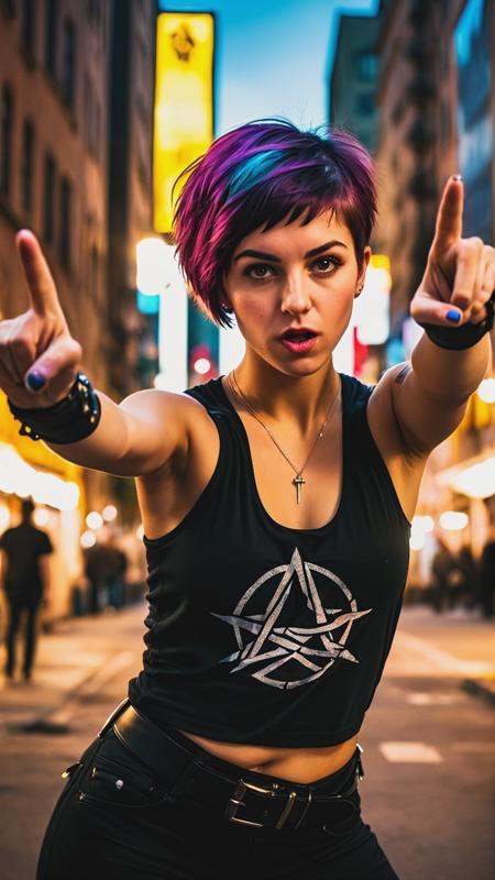 Raw photo of a anarchist emogirl in fight pose,  short hair,  fingers gesture on Tensor.Art
