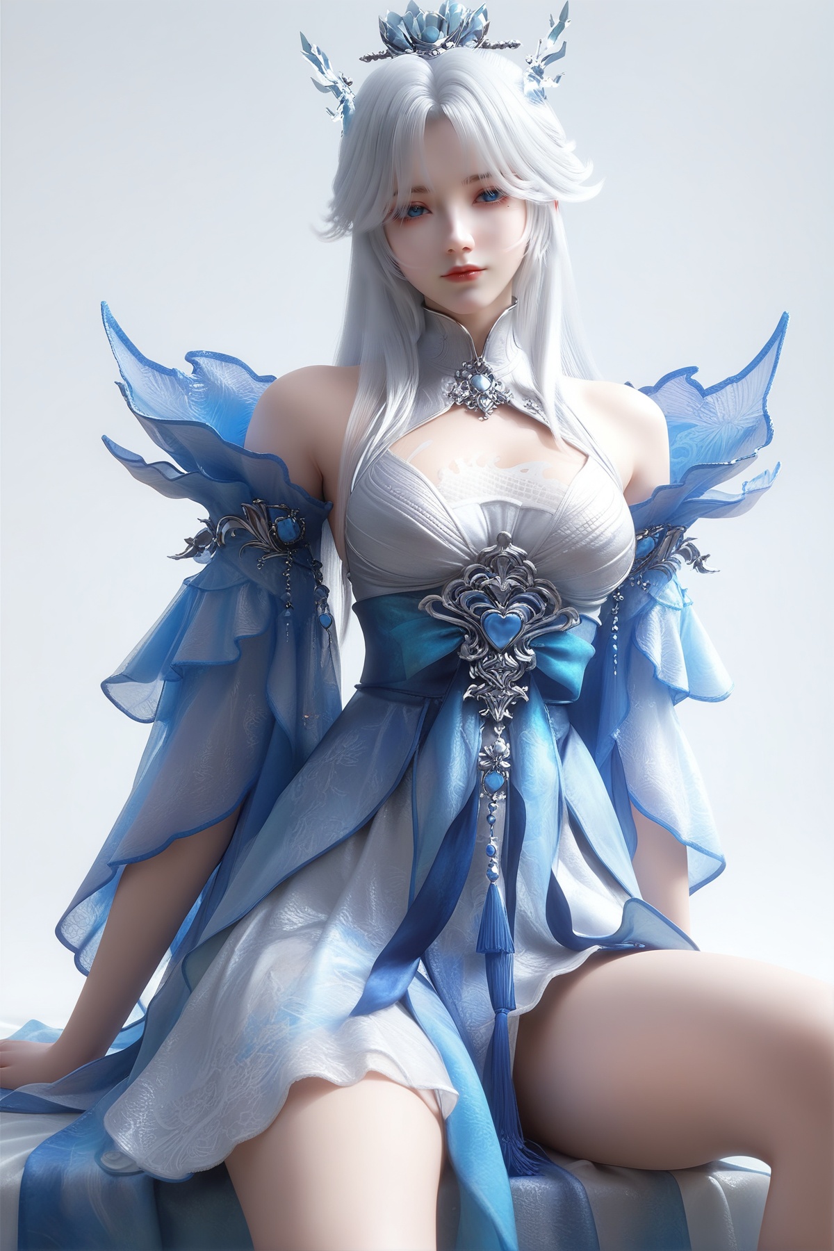 score_9,score_8_up,score_7_up,<lora:wy_longer_XL7.0:0.8>,1girl,long hair,breast,medium breast,hair_ornament,dress,white hair,blue eyes,mole under eye,blue_dress,thick_thighs,sitting,simple background,white_background,wetting,dark,