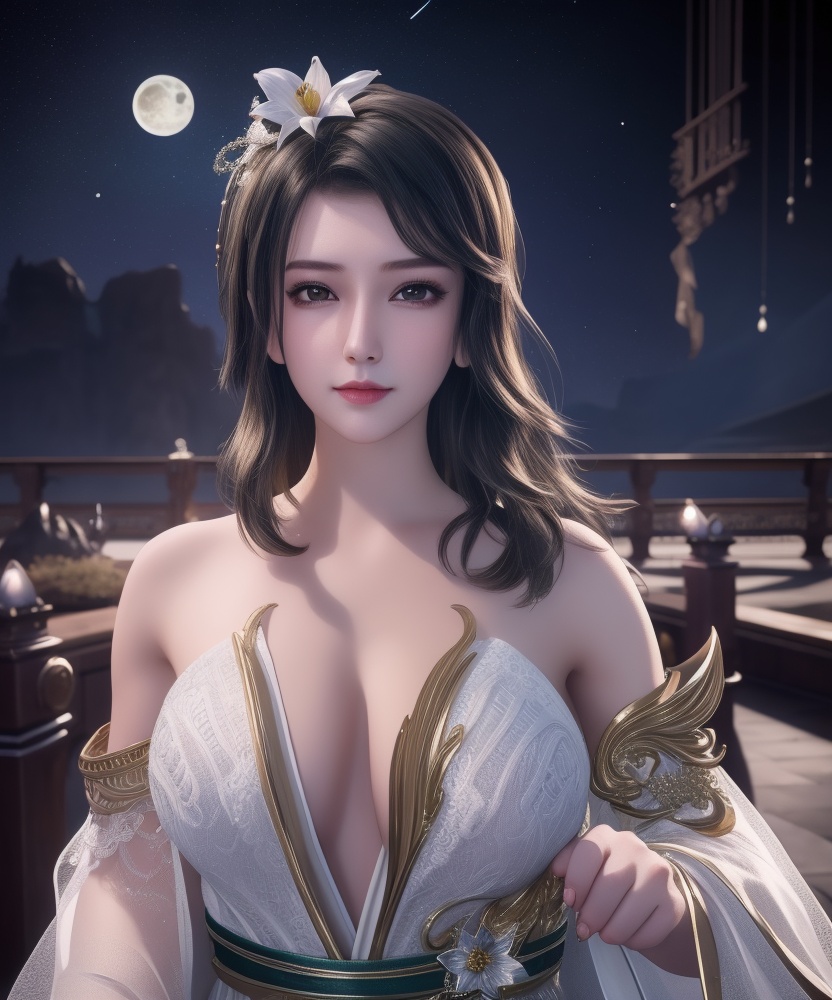<lora:542-DA-万界至尊-青雉:0.8>(,1girl, ,best quality, ),looking at viewer,  ,,ultra detailed background,ultra detailed background,ultra realistic 8k cg, ,masterpiece, (( , )),, realistic,science fiction,mole, ultra realistic 8k cg, ,     ,crescent moon, jasmine \(flower\),     (cleavage), (),