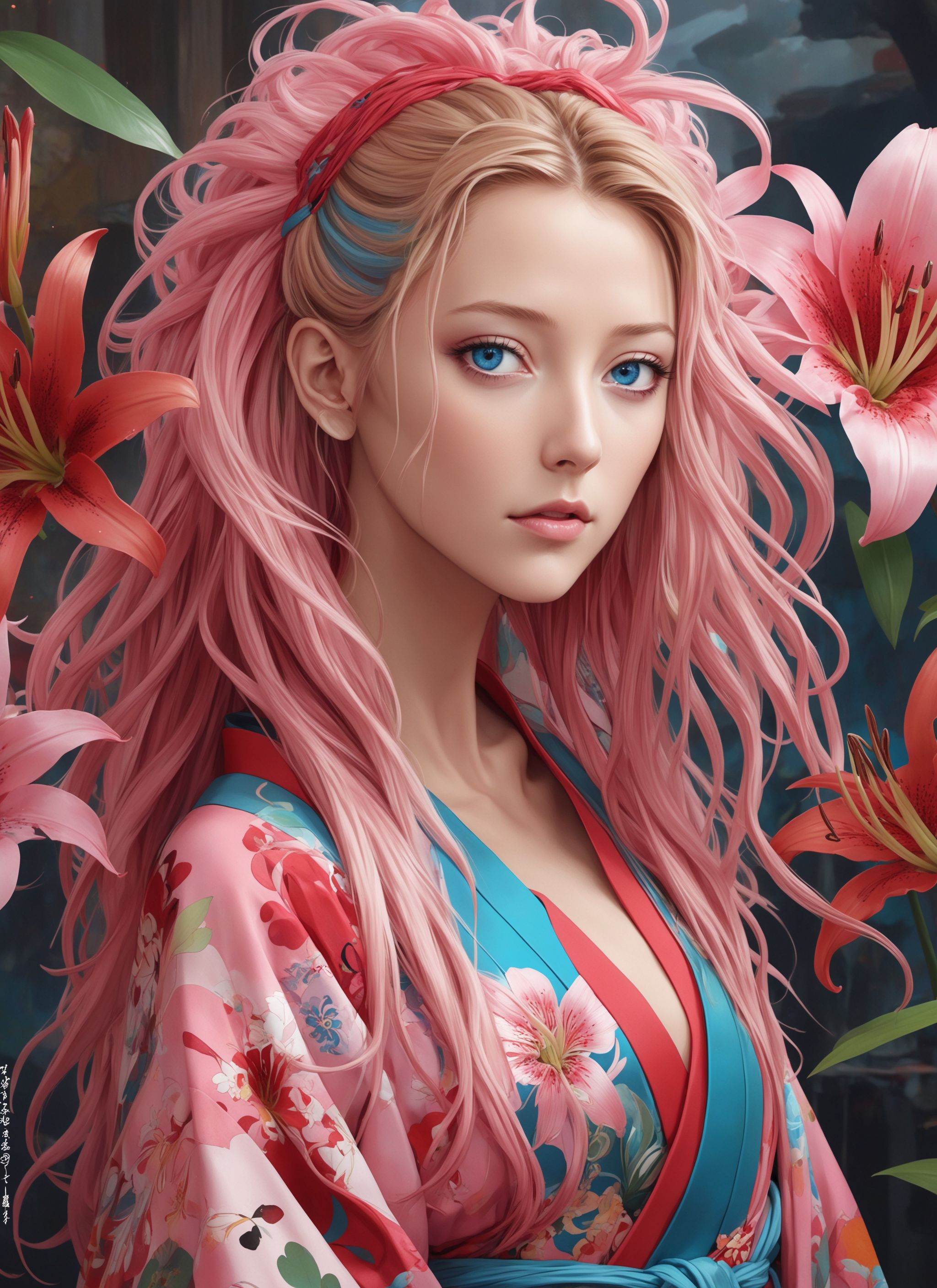 epresentation of blake lively plus grow fashionable with pink long messy bangs and large blue eyes,  with slit pupils visi...
