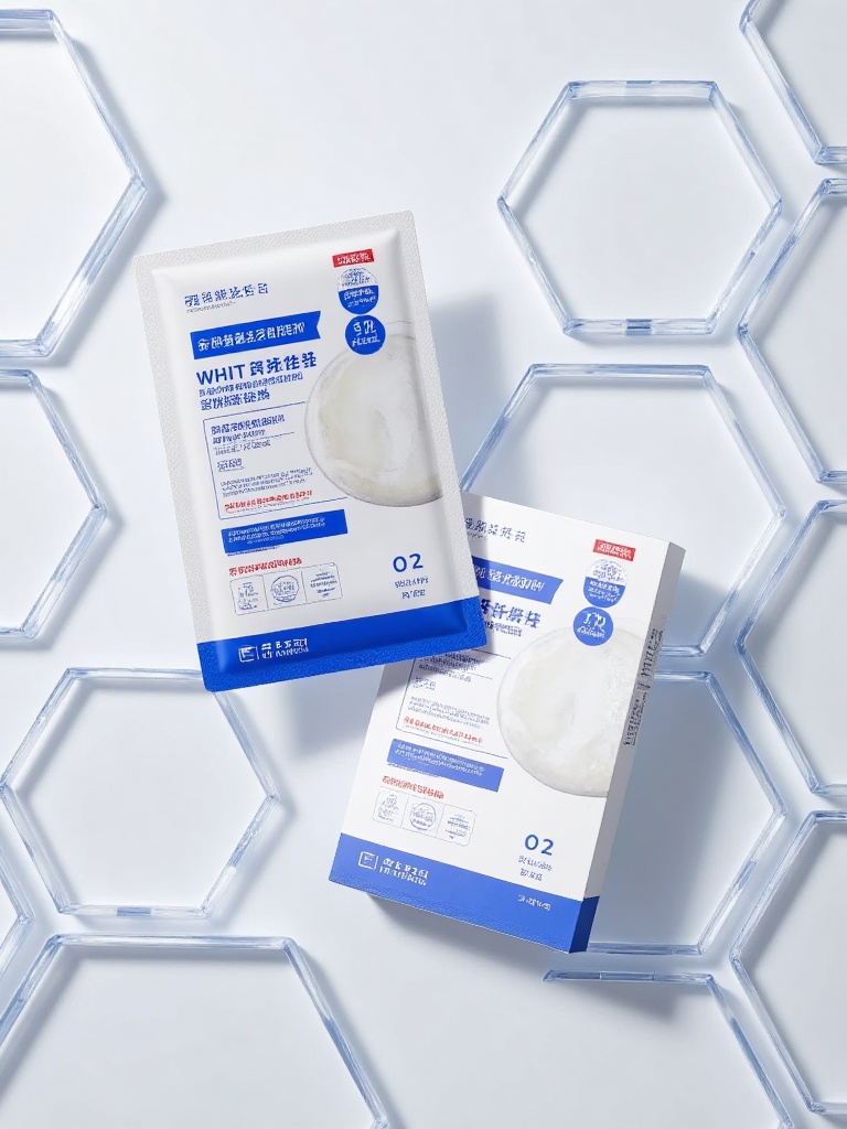 The image features a set of skincare products specializing in whitening and spot-removing effects, including a firming mask labeled "01" and a massage cream labeled "02", both in minimalist blue-and-white packaging indicating net contents as "25ml×5 sheets" for masks and "3g" for cream. Surrounded by transparent geometric decorations against a technologically styled gradient background, the products prominently display key ingredients **** "Whitening", "Spot-Removing", "Sodium Hyaluronate" and "Niacinamide", with special emphasis on functional benefits such as "inhibiting melanin" and "improving skin tone". Through clear numeric labeling, highlighted ingredient efficacy statements and modern geometric elements, the composition creates a professional precision-whitening skincare solution image.