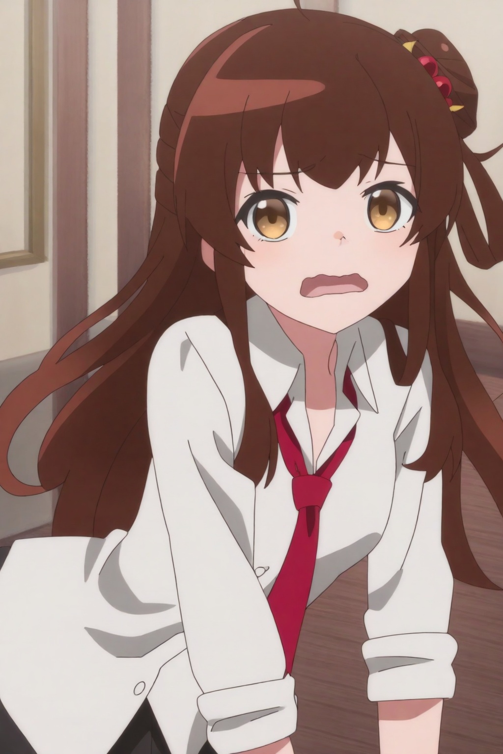 Megu Razuberī,Megu Razuberī, 1girl, brown hair, necktie, solo, brown eyes, looking at viewer, long hair, one side up, wavy mouth, shirt, hair ornament, white shirt, red necktie