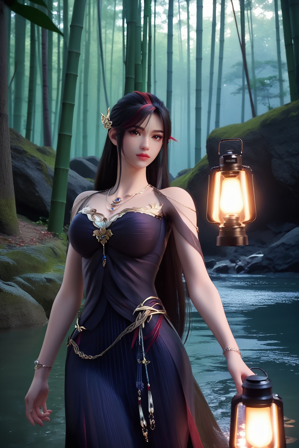 (Strolling along a moonlit beach, she carries a lantern, casting a soft glow on her enchanting features:1.2),looking at viewer,<lora:XL16神国之上赵襄儿黑纱:0.85>,miss zhaoxianger,black corset gown,brown eyes,black hair,red streaked hair,very long hair,hair ornament,jewelry,(large breasts:1.2),bamboo forest,water,stone,pondel,, score_9,score_8_up,score_7_up,score_6_up,score_5_up,score_4_up,3d rendering,tag1,tag2, Cinematic Lighting,backlighting,