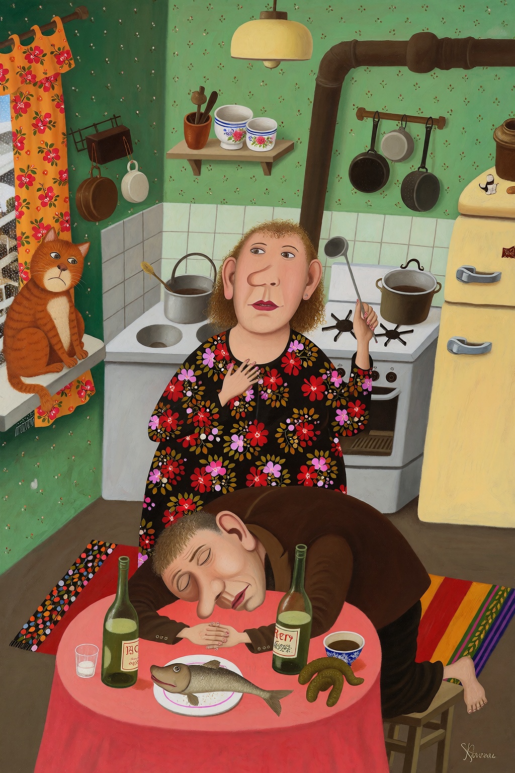 A colorful,  naive-style painting of a chaotic scene in a small Soviet kitchen. A man in a wrinkled suit sleeps face-down...