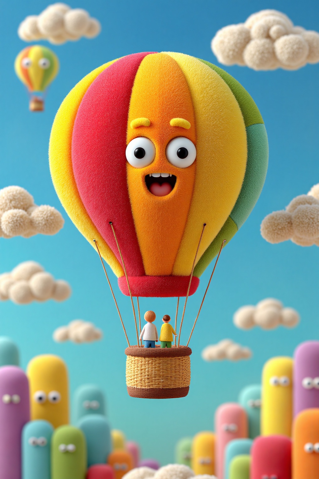 beijihui,A furry hot air balloon with happy eyes and smiling clouds in the background,