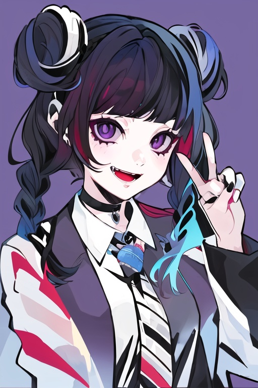 CH, high contrast, 1Girl, solo, looking at the audience, blue blue smile, short hair, open mouth, bangs, black hair accessories, long sleeves, black and red Gothic Lolita, bow, holding, jewelry, headband, food, demon wings, demon tail, Lolita fashion, Gothic Lolita, Lolita headband, macaron, purple background