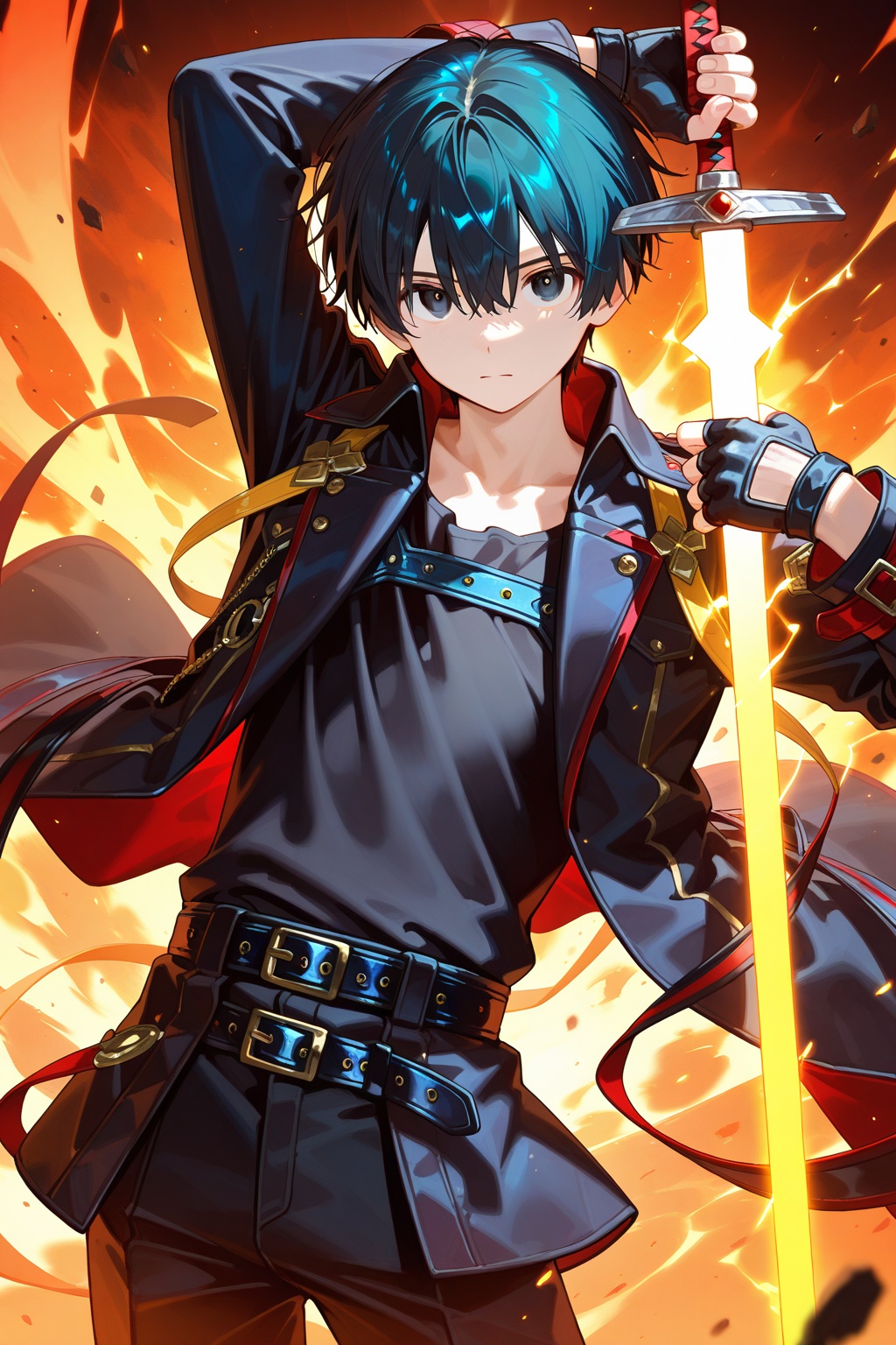 1boy, solo, male focus, cowboy shot, holding, holding weapon, holding sword, looking at viewer, arm up, standing, closed mouth, black eyes, hair between eyes, blue eyes, black hair, short hair, gloves, black pants, pants, black gloves, black shirt, shirt, jacket, black jacket, fingerless gloves, open clothes, open jacket, belt, black belt, long sleeves, weapon, sword, glowing weapon, glowing, blurry
