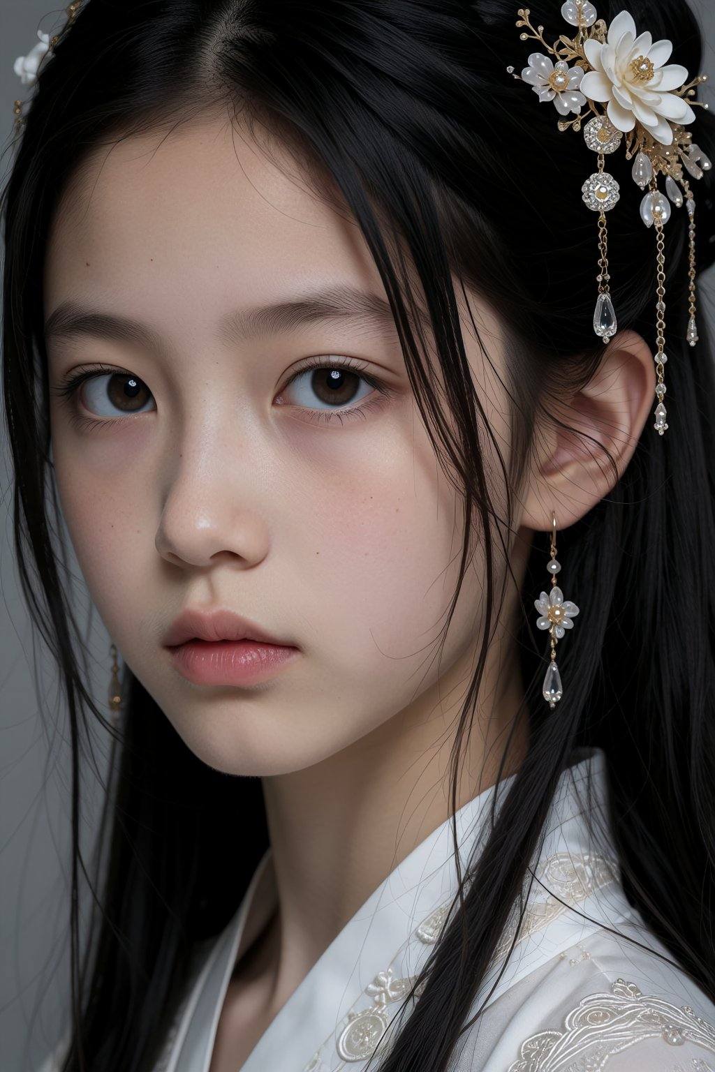 这幅图像是一幅细节丰富描绘了一位皮肤真实感的年轻女子,  身穿白色传统中式服装,  头戴精致的花卉发饰 on Tensor.Art