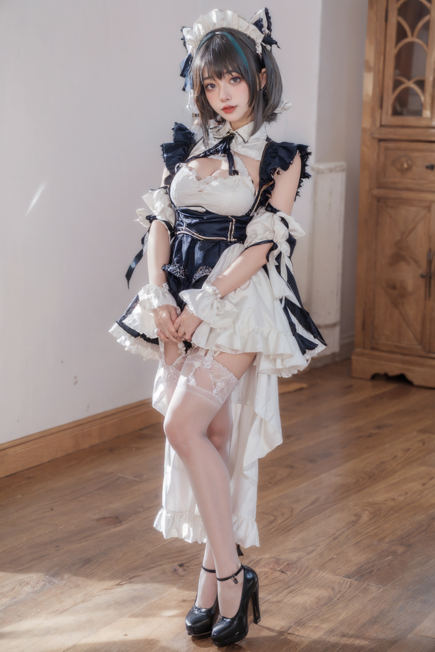 maid headdress,two-tone hair,Cheshire,1girl,solo,white thighhighs,thighhighs,high heels,multicolored hair,looking at viewer,breasts,streaked hair,puffy detached sleeves,dress,indoors,full body,frilled hairband,realistic,black hair,own hands together,blue eyes,frills,cleavage,<lora:Cheshire:0.7>,standing,