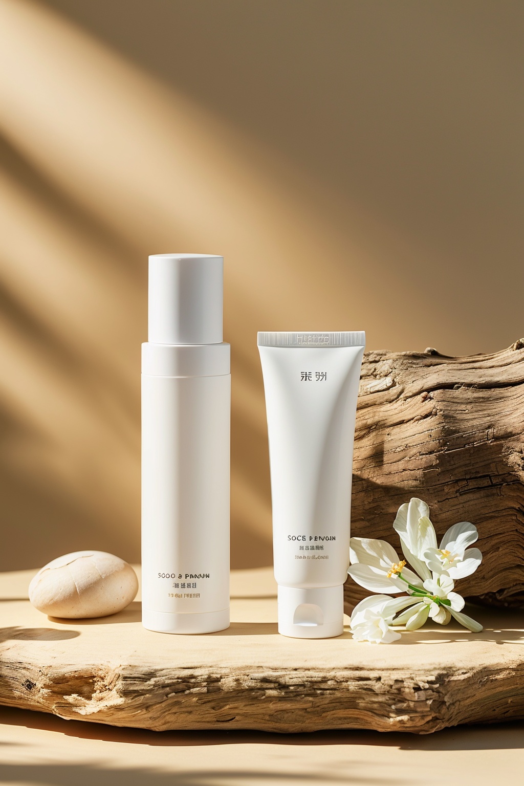 (no humans:0.8),cosmetics,product map,(facial cleanser:1.1),no humans,dead tree,wood,food,still life,flower,food focus,leaf,tree,rock,scenery,white flower,plant,sense of atmosphere,warm color,minimalism,correct composition,light brown background,<lora:chajifeng:0.7>,