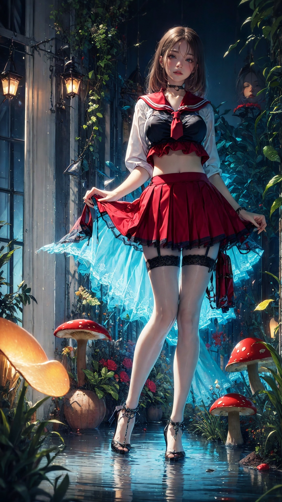 tutututu,red_skirt, school uniform, black_bra, underwear, lingerie, midriff, red_sailor_collar, high heels,(black pantyhose), ***** Alice in wonderland standing in stream, large mushrooms in background , highly detailed,  Beautiful lighting, photoreal, 4k, depth of field, night scene, light from godrays shining on ground, <lora:tutuZFV5_00004:0.8> 