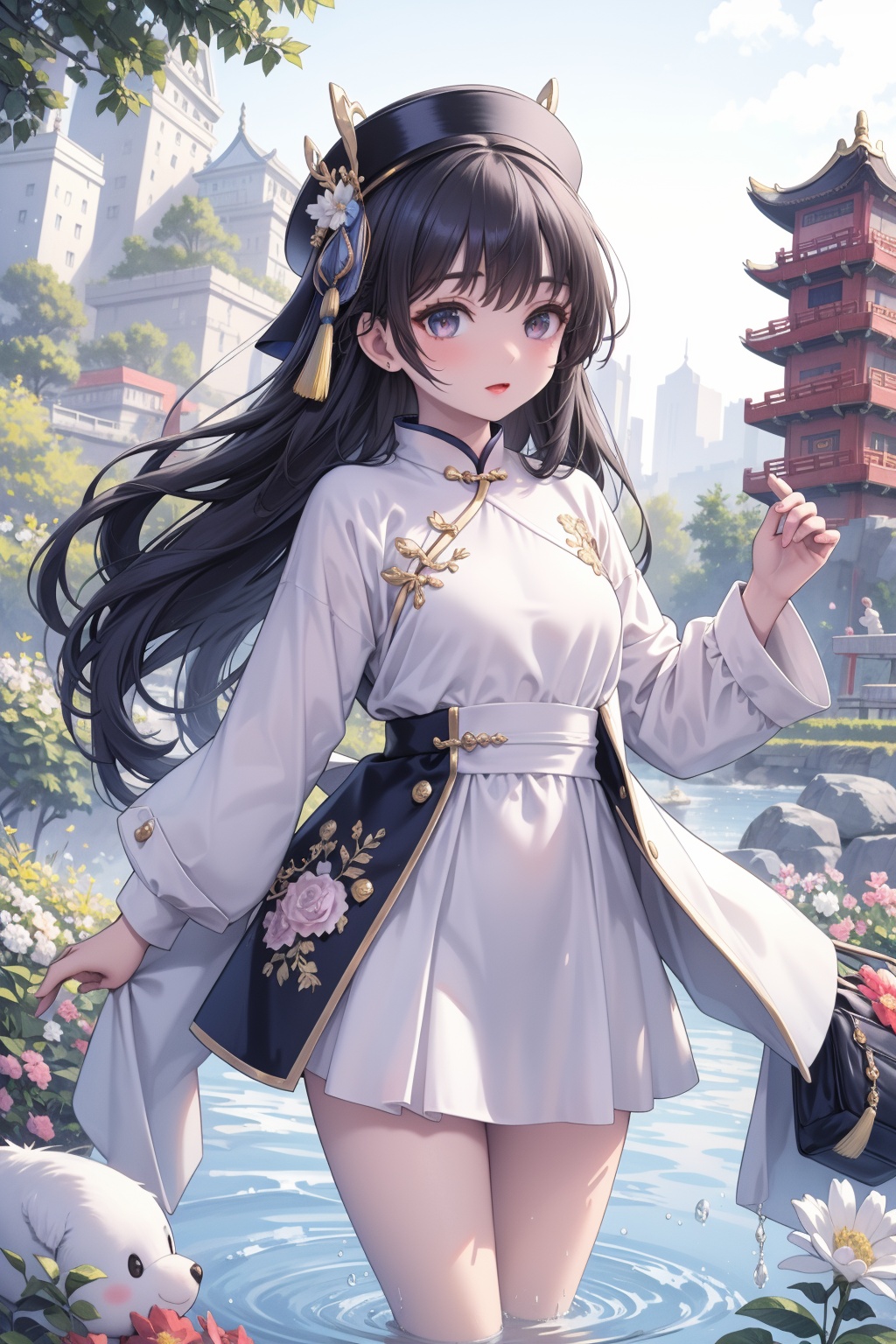 best quality , masterpiece , illustration , an extremely delicate and beautiful , Amazing , finely detail , masterpiece , best quality , official art , extremely detailed CG unity 8k wallpaper , 1girl , solo , long hair , black hair , jacket , cute , asuna , hoodie , hat , white leggings , floating hair ornament , g2h , gun to head , handgun , fg2h , fingergun:1.5 , (best quality) , (masterpiece) , beautiful eyes , (delicate face) , perfect detail , (best lighting) , (super complex details) , dynamic angle , floating , fairyland , dynamic angle , sea of flowers , beautiful detailed garden , wind , classic , spring , (detailed light) , feather , nature , (sunlight) , river , forest , (((floating palace))) , ((the best building)) , beautiful and delicate water , ((chinese building:1.5)) , (sketch) , (bloom) , (shine) , perfect detail , (best lighting) , (super complex details) , 