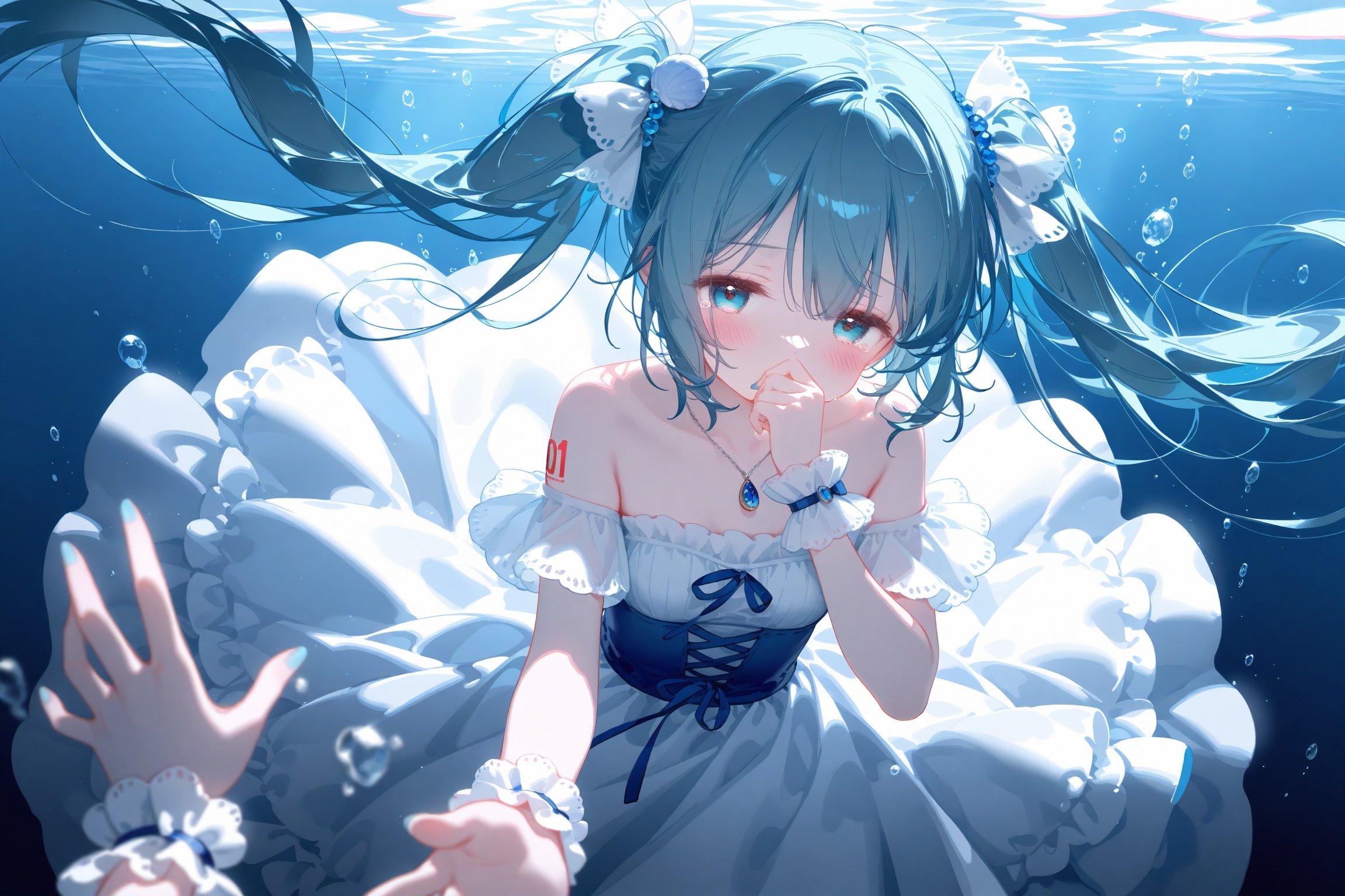 masterpiece,very aware,highres,absurdres,newest,best quality,loli,petite,high quality,chromatic_aberration,cinematic_angle,dutch angle,//,artist:ciloranko,artist:ningen_mame,artist:sho_(sho_lwlw),artist:rhasta,artist:wlop,artist:ke-ta,artist:hiten \(hitenkei\),//best,hatsune miku,jewelry,reaching,underwater,dress,necklace,bubble,reaching towards viewer,long hair,pov,air bubble,blue theme,solo focus,bare shoulders,white dress,blue eyes,submerged,twintails,collarbone,multiple girls,pov hands,2girls,off-shoulder dress,outstretched hand,blue hair,half-closed eyes,blurry,out of frame,hair between eyes,frills,pendant,aqua hair,hair ornament,outstretched arm,female pov,off shoulder,wrist cuffs,blurry foreground,very long hair,frilled dress,depth of field,covered mouth,blue nails,aqua eyes,skirt hold,floating hair,number tattoo,aqua theme,1girl,covering own mouth,fingernails,breasts,tattoo,nail polish,water,looking at viewer,caustics,brooch,drowning,aqua nails,shoulder tattoo,frilled cuffs,gem,flower,scrunchie,wide sleeves,backlighting,hair flower,sidelocks,open hand,short sleeves,reflection,dual persona,foreshortening,blurry background,arm tattoo,sunlight,small breasts,from above,1other,sleeveless,blush,hand up,shell hair ornament,amulet,sleeveless dress,wrist scrunchie,gloves,detached sleeves,white scrunchie,eyelashes,blue gemstone,blue dress,hair bow,blue gloves,tears,strapless,