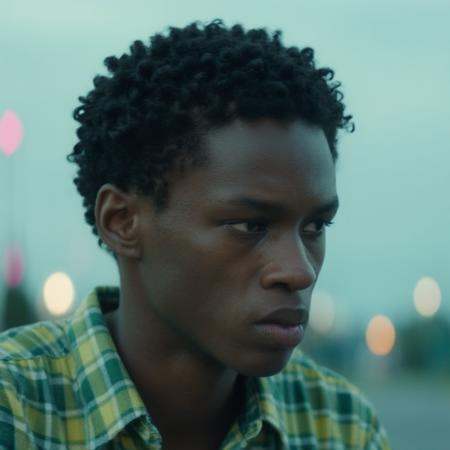 tightly curled hair is wearing a green and yellow plaid shirt. He is looking to his right with a serious expression. His l...