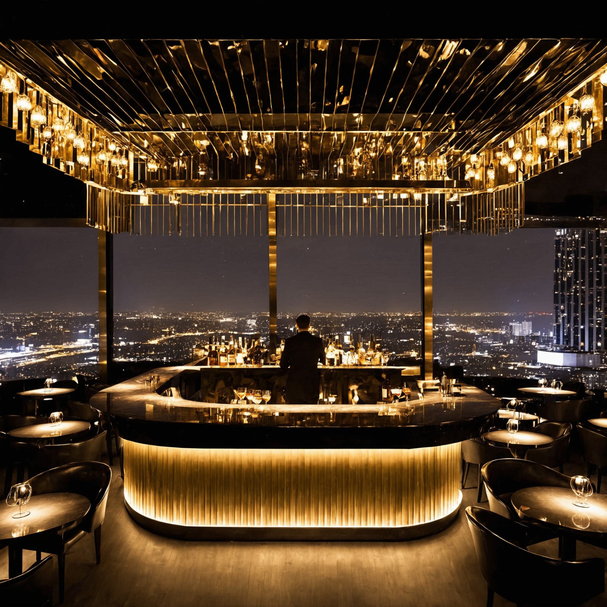 skybar,<lora:20240705-1720127504546:0.6>,bar in a skyscraper,city lights,luxury decor,high-end,best picture quality,masterpiece,window outdoor city background,urban landscape,magnificent_architecture,bar counte,art chandelier,