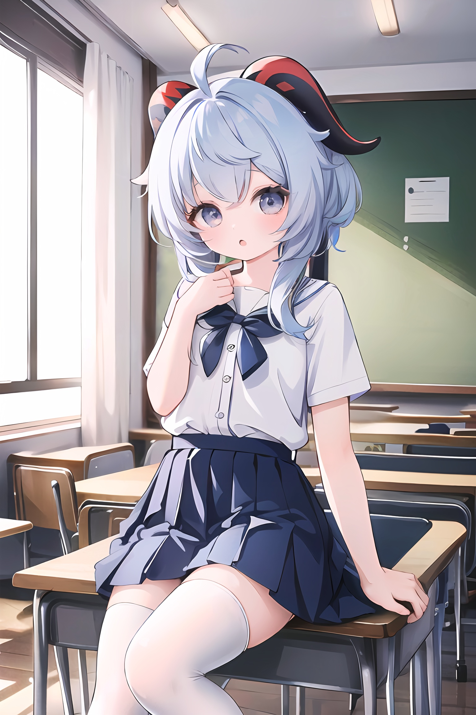 (masterpiece, best quality:1.2),insanely detailed,absurdres,ultra-highres,ultra-detailed,best quality,slender,kawaii,perfect symmetrical face,ultra cute girl,ultra cute face,ultra detailed eyes,ultra cute,ultra beautifu,<lora:ganyu_all-000001:0.8>,day,classroom,ganyu \(genshin impact\),1girl,solo,looking at viewer,school uniform,white thighhighs,:o,sitting,