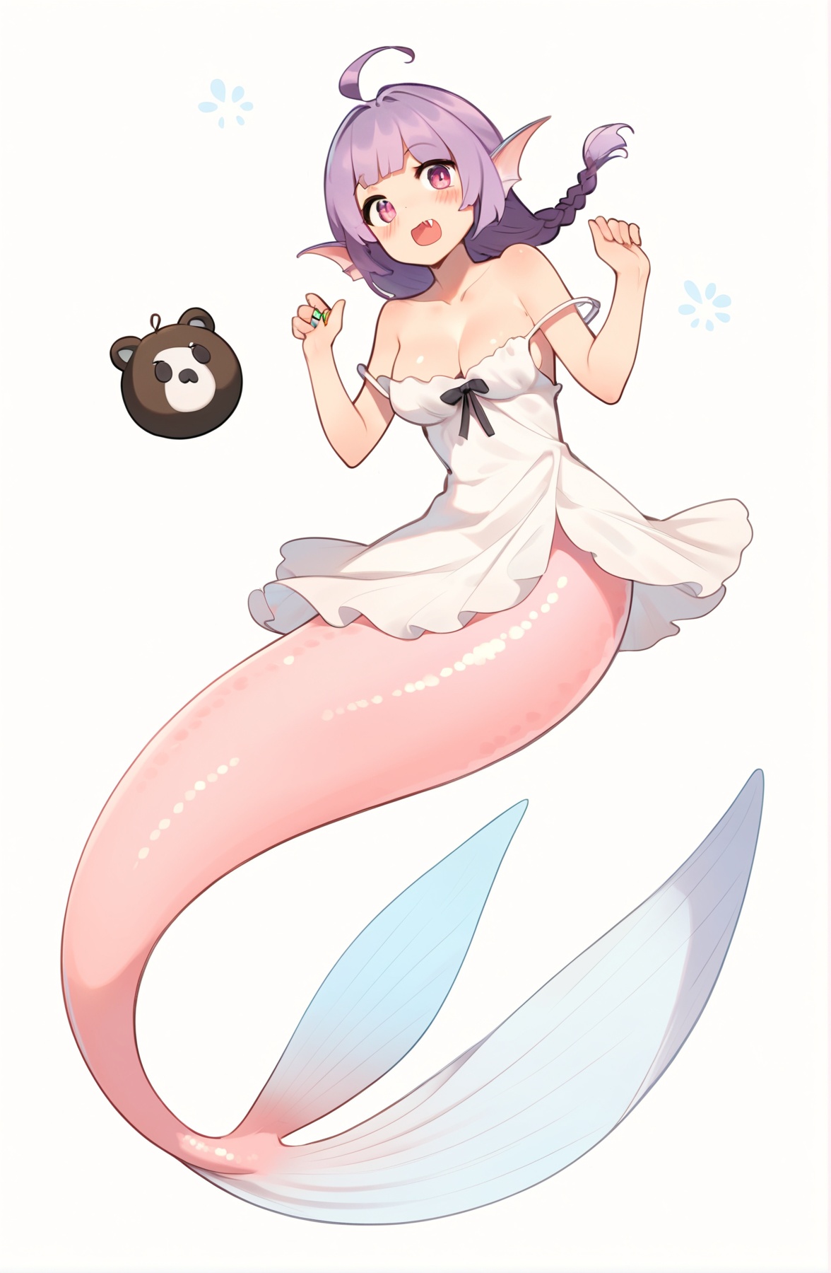 score_9, score_8_up, score_7_up, score_6_up, <lora:jijia-pony-Tanger-000006:0.8>, jijia, 2d, anime, mermaid, Fishtail, dress, 1girl, white background, white dress, monster girl, long hair, simple background, braid, open mouth, hands up, pink eyes, bag, solo, ahoge, breasts, jewelry, strap slip, single braid, full body, bare shoulders, ring, purple hair, stuffed toy, blush, stuffed animal, fang, cleavage, a cartoon mermaid in a white dress and pink tail, a little girl wearing a dress is holding a panda bear, 