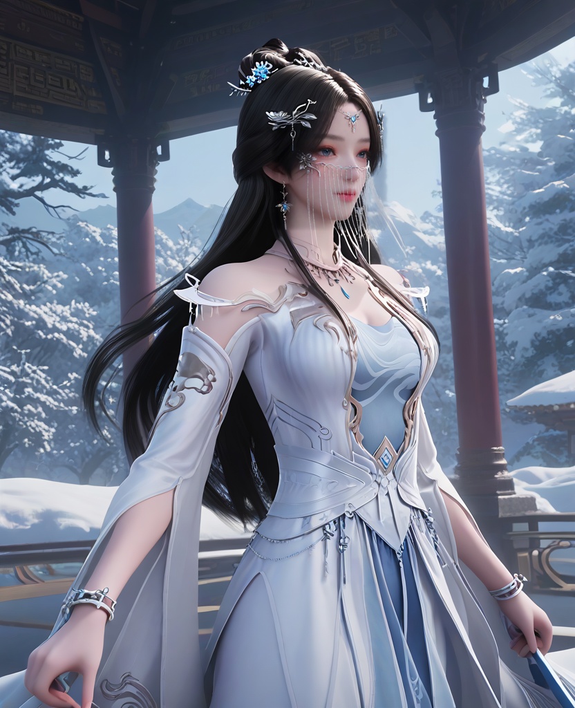 (oriental architecture, elegant decor, sophisticated style:1.1),(skiing:1.1),(breasts:1.2),<lora:XL16遮天安妙依:0.95>,miss anmiaoyi,white sheer fabric dress,light blue camisole,blue eyes,chain drop veil,forehead pendan,black hair,traditional chinese updo with long front strands,very long hair,hair ornament,jewelry,sash,light blue petticoat,, score_9,score_8_up,score_7_up,score_6_up,score_5_up,score_4_up,3d rendering,tag1,tag2, Cinematic Lighting,backlighting,