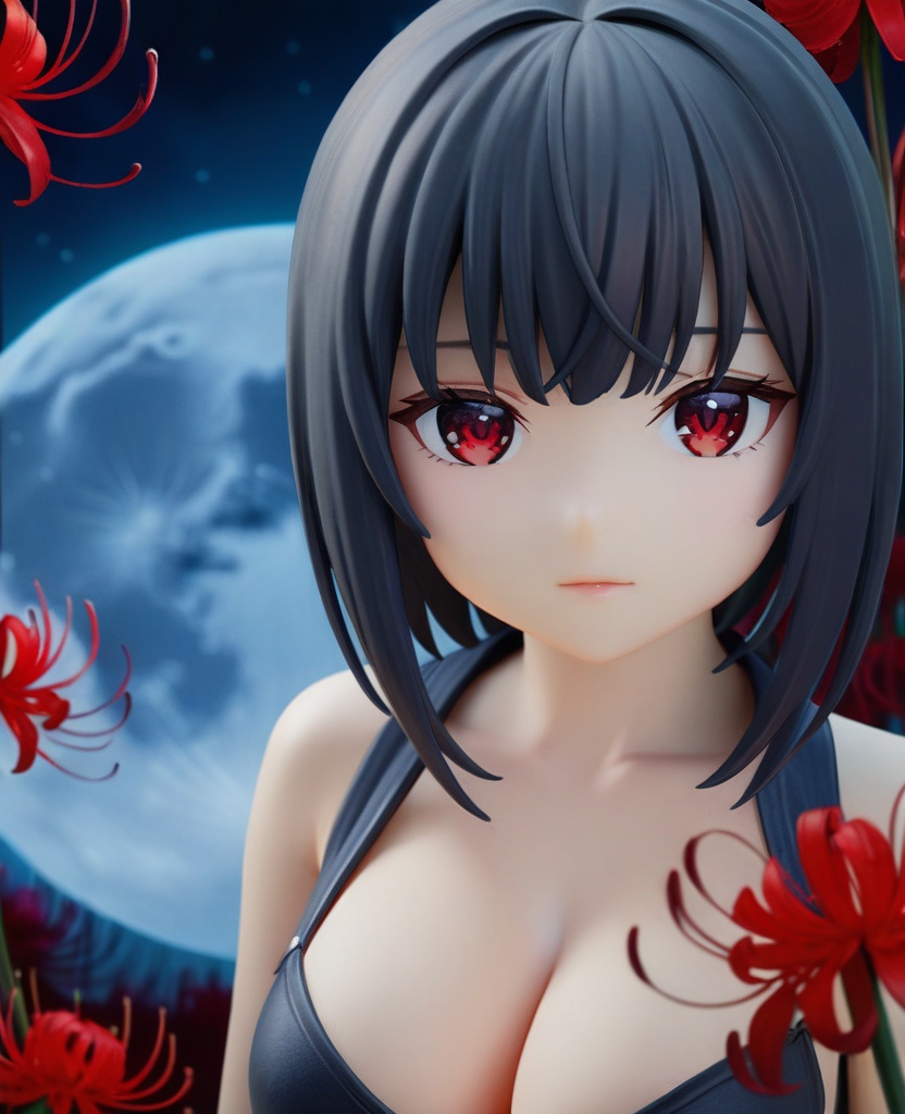 (,1girl, ,best quality, ),looking at viewer,  ,,ultra detailed background,ultra detailed background,ultra realistic 8k cg, ,masterpiece, spider lily,full moon, (cleavage), (),