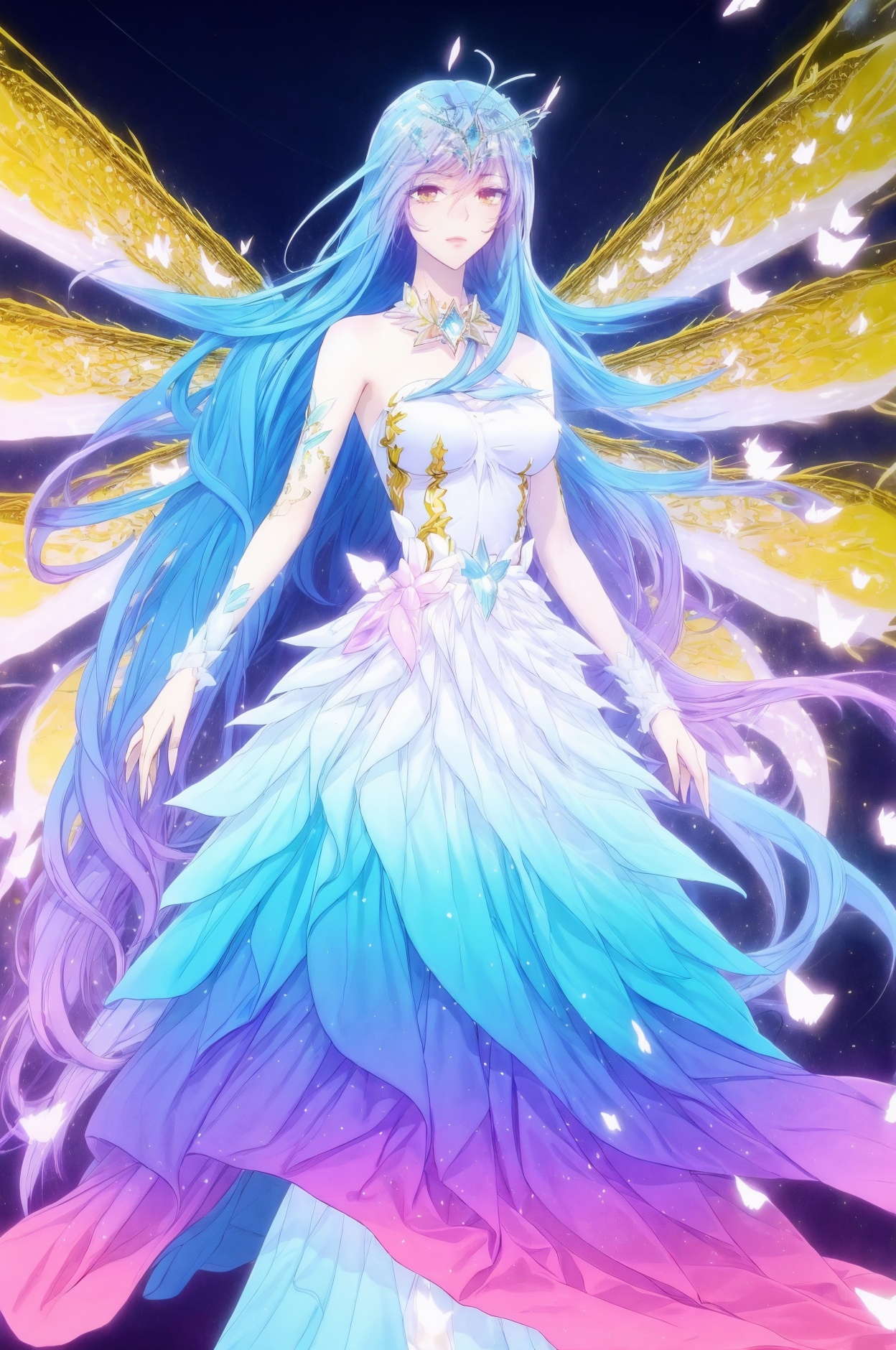 (8k, RAW photo, best quality, masterpiece:1.2),(realistic, photo-realistic:1.1),ultra-detailed,extremely detailed cg 8k wallpaper,(crystalstexture skin:1.4),(extremely delicate and beautiful),1girl, solo, long hair, blue hair, dress, wings, multicolored hair, bare shoulders, very long hair, brown eyes, antenna hair, butterfly wings, butterfly, bug, looking at viewer, hair ornament, breasts,full body,  long hair, yellow eyes, blue hair, dress, bare shoulders, wings, breasts, purple hair, upper body,((looking at viewer)), 1girl,,  flower_field, lips, ,   <lora:twt1:0.8>
