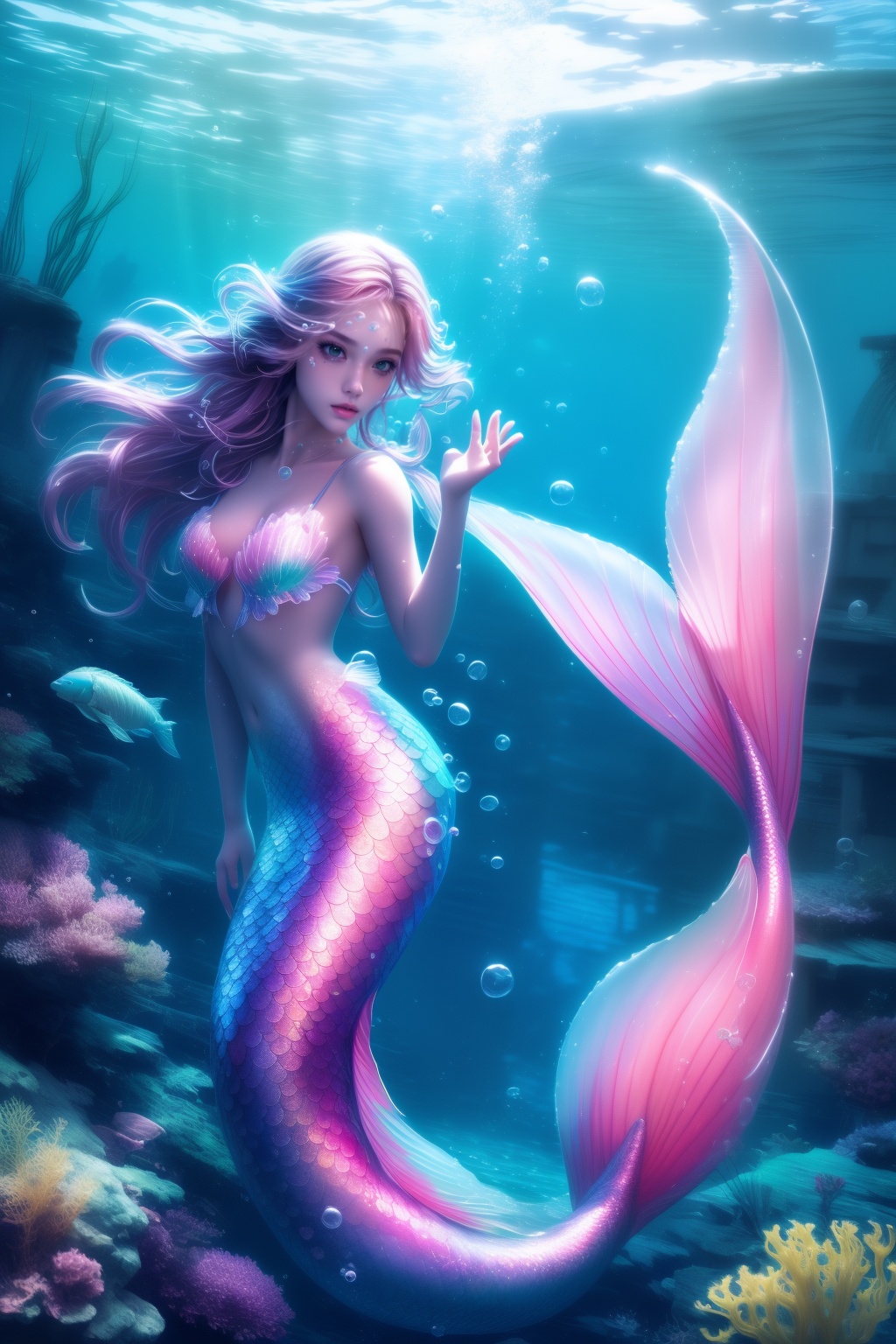 1gril,mermaid,underwater,bubble,, masterpiece,best quality,highly detailed,Amazing,finely detail,extremely detailed CG unity 8k wallpaper,score:>=60,