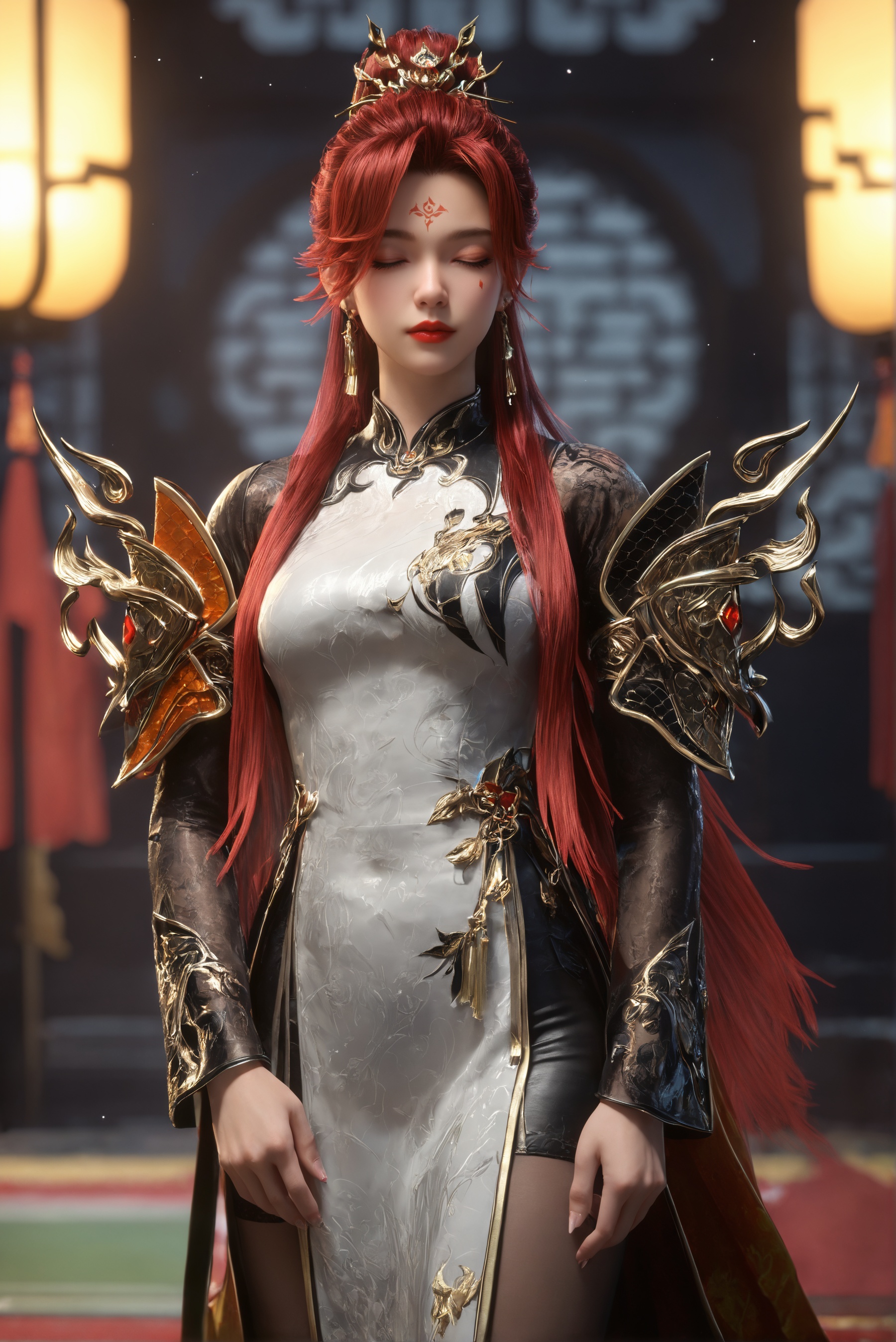 score_9,score_8_up,score_7_up,best quality,masterpiece,3d,ultra-detailed,high resolution,perfect lighting,flawless skin,sharp focus,Exquisite Craftsmanship,High-Resolution Beauty,Unparalleled Artistic Quality,extremely detailed CG unity 8k wallpaper,1girl,solo,<lora:炽阳华明:0.7>,chinese clothes,closed eyes,dress,earrings,facial mark,hair ornament,helmet,jewelry,long hair,red hair,red lips,