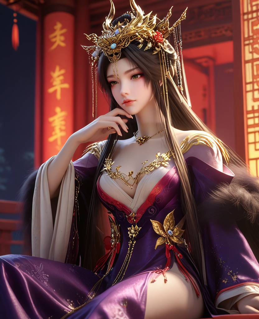 (Sitting, one hand on the chin, looking contemplative,:1.1),(large breasts:1.2),<lora:XL16云深不知梦羲和醉蝶花:0.95>,miss xihe,purple gown,fur trim,mole under left eye,black hair,absurdly long hair,traditional chinese updo with long front strands,hair ornament,jewelry,floral embroidery,wide sleeves,, score_9,score_8_up,score_7_up,score_6_up,score_5_up,score_4_up,3d rendering,tag1,tag2, Cinematic Lighting,backlighting,