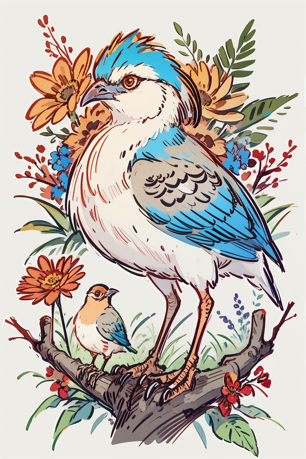 masterpiece,best quality,pheasantbird,pheasant,bluebird,chibi,standing on the branch,(red flower:1.2),sketch,<lora:Marker Illustration:1>,