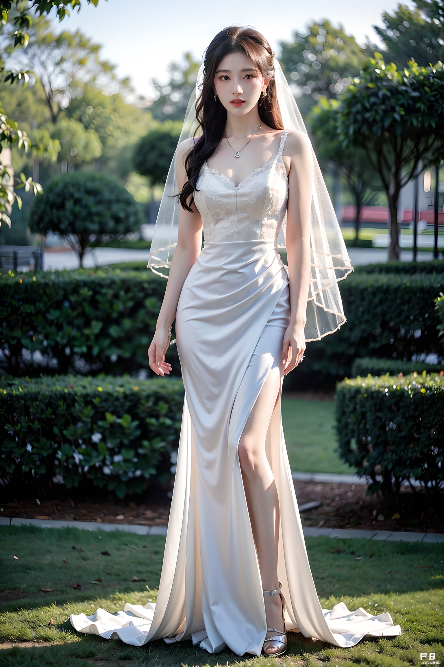 1girl,artist name, solo, watermark,wedding dress,outdoors,lawn,background blur:1.2,pendant necklace,earring pendant,wedding veil,wedding site,wedding venue,masterpiece, best quality, 8k, cinematic light, ultra high res, Filming a blockbuster, FA, (MP-E, Macro, 65mm, f/2.8), Surreal, 32k, RAW Photo, (High Detail Skin: 1.2), 8k UHD, High Quality,(full-body shot:1.4),(best quality, masterpiece, photorealistic, realistic)<lora:abel好看的姿势:0.65> <lora:YFilter_BeautyFace_CN_V1:0.3> <lora:丝织品:0.1>