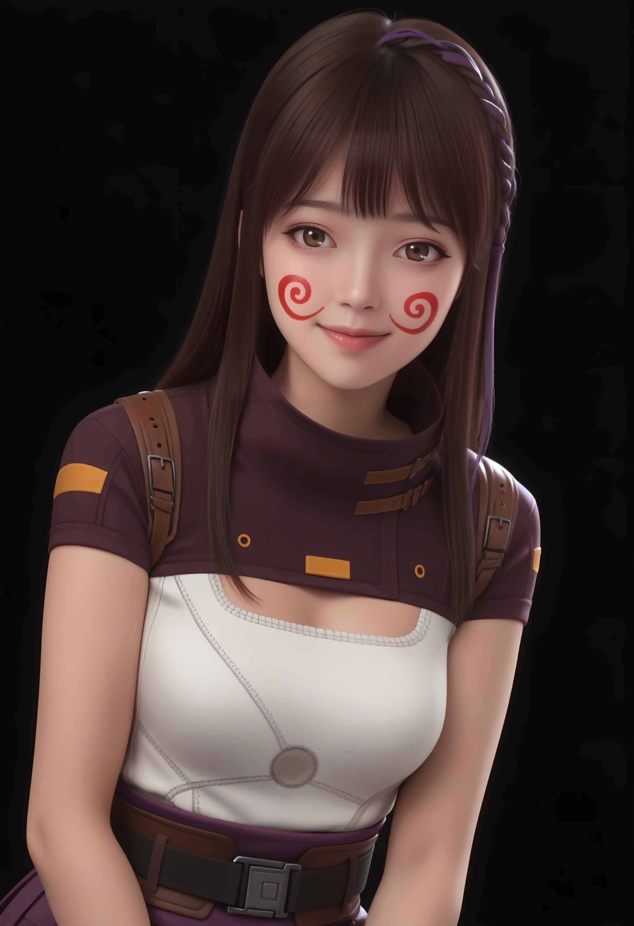 <lora:夏豆-ill:0.83>,1girl,solo,long hair,braid,red facepaint,purple braid highlight,dark brown hair,brown eyes,white top,short sleeve top,high collar,utility belt,pleated skirt,purple skirt,layered outfit,BREAKwhite skin,(white_skin:1.1),((light_skin)),(seductive_smile:1.1),simple background,black background,